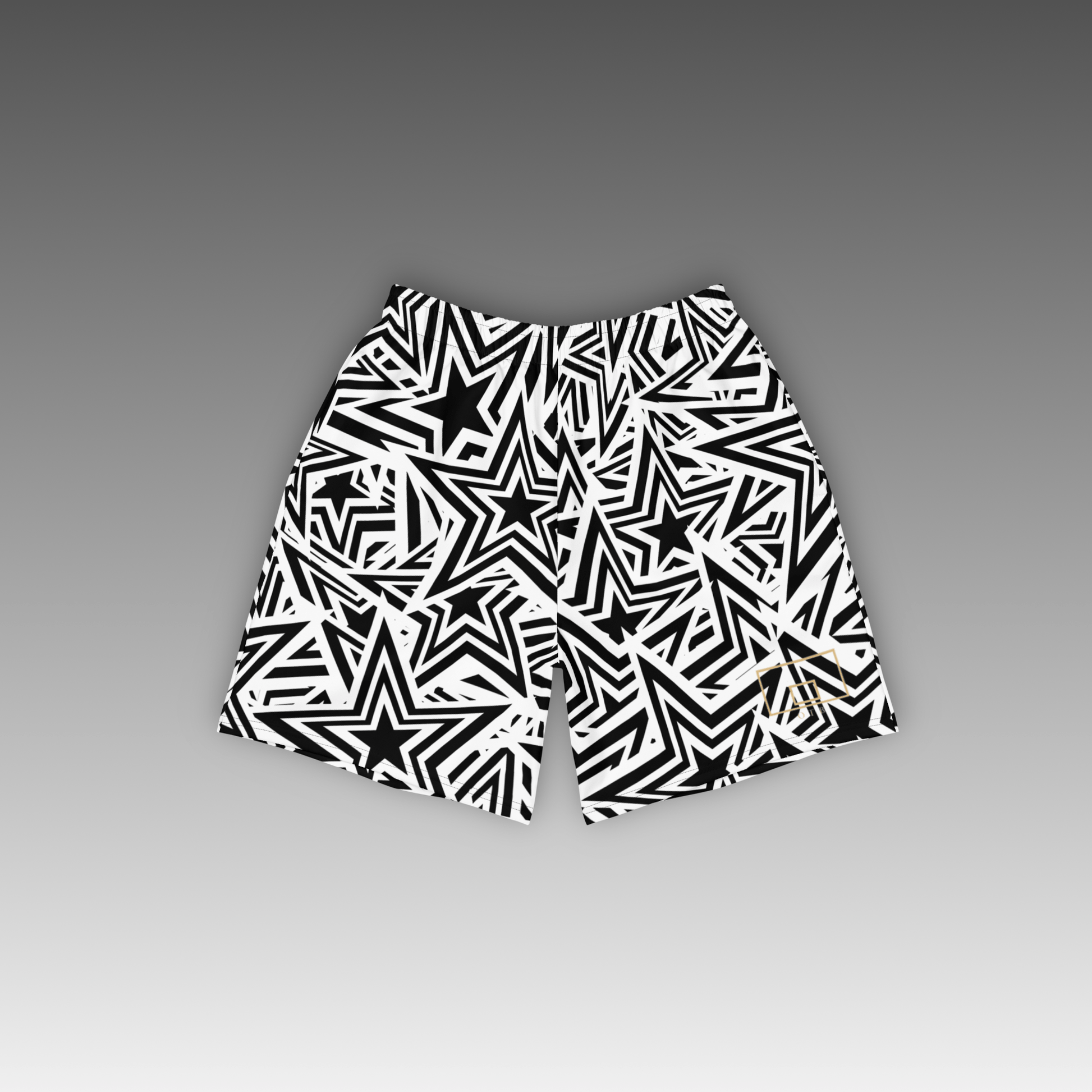 OTB All-Star Basketball Shorts - front view showcasing black shorts with basketball-inspired star pattern design, featuring lightweight performance fabric and comfortable athletic fit for basketball players