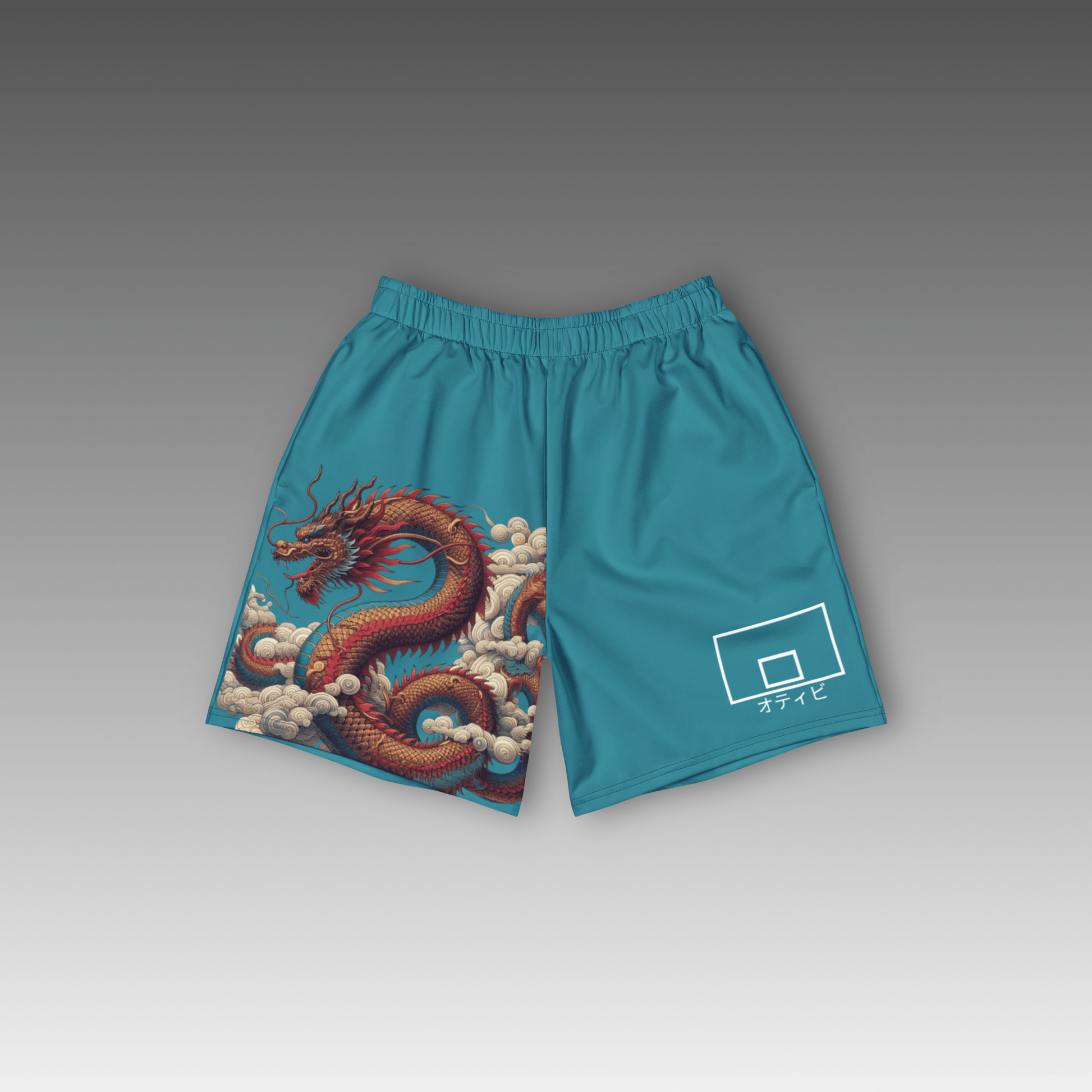 OTB Basketball Shorts in Sky Ryuu design - front view showcasing light blue shorts with Japanese dragon artwork, featuring comfortable athletic fit and premium fabric for basketball performance