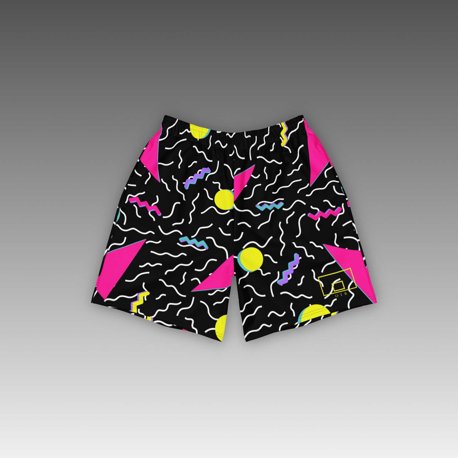 OTB Black 90s Throwback Basketball Shorts - front view showcasing sleek black shorts with vibrant multicolor 90s-inspired geometric pattern, featuring lightweight performance fabric and comfortable athletic fit for basketball players