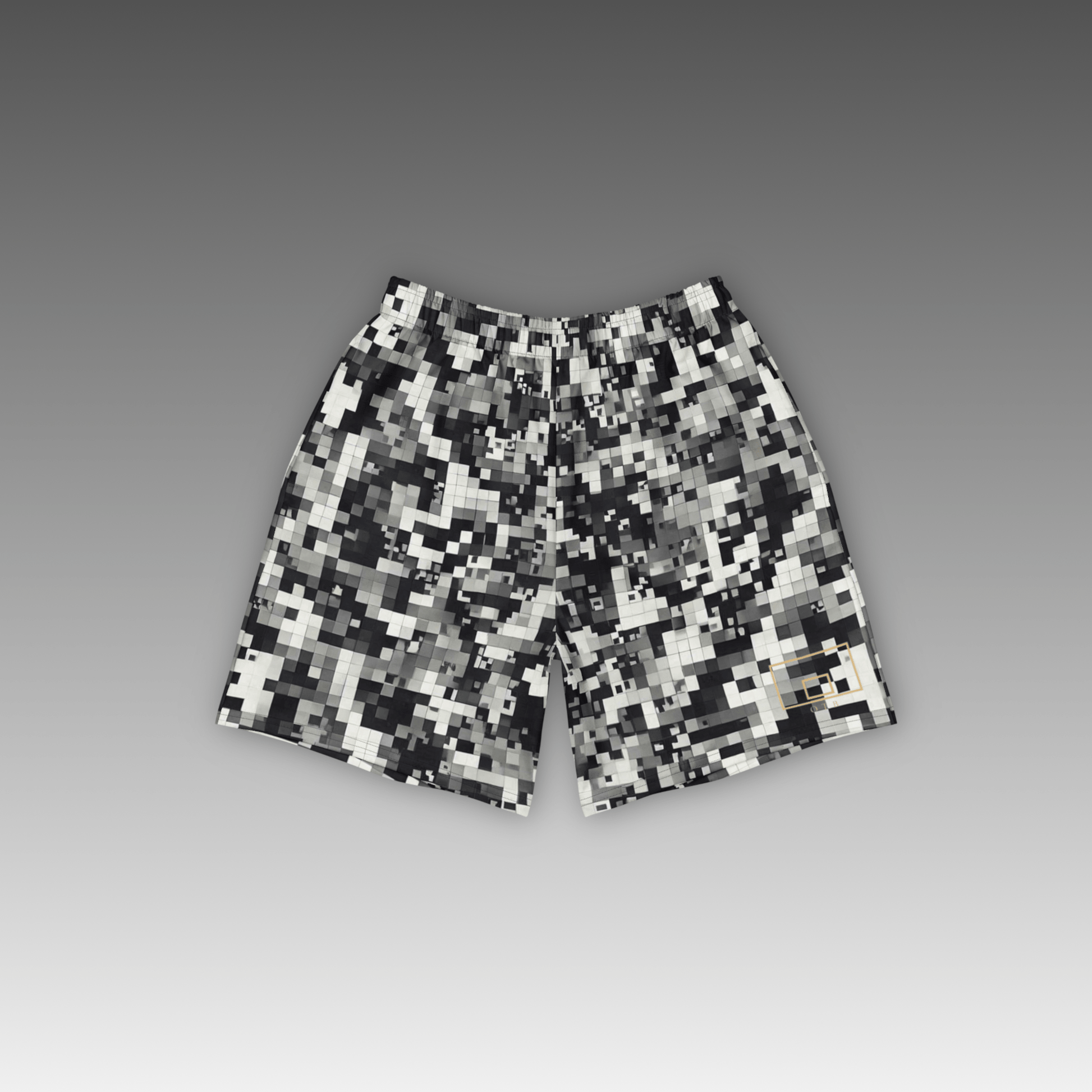 OTB Digital Camo Basketball Shorts - front view showcasing gray shorts with digital camouflage pattern, featuring lightweight performance fabric and comfortable athletic fit for basketball players