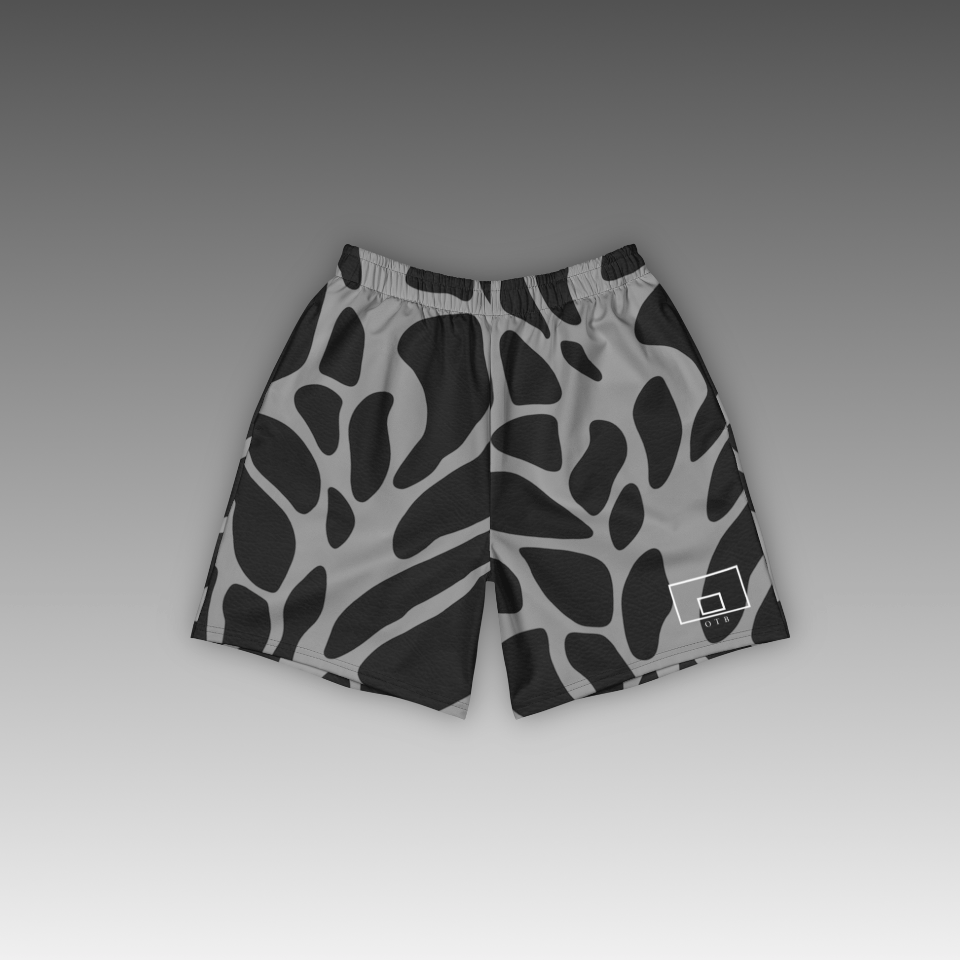 OTB Giraffe Basketball Shorts in Sky Blue - front view showcasing grey shorts with giraffe print pattern, featuring lightweight performance fabric and comfortable athletic fit for basketball players