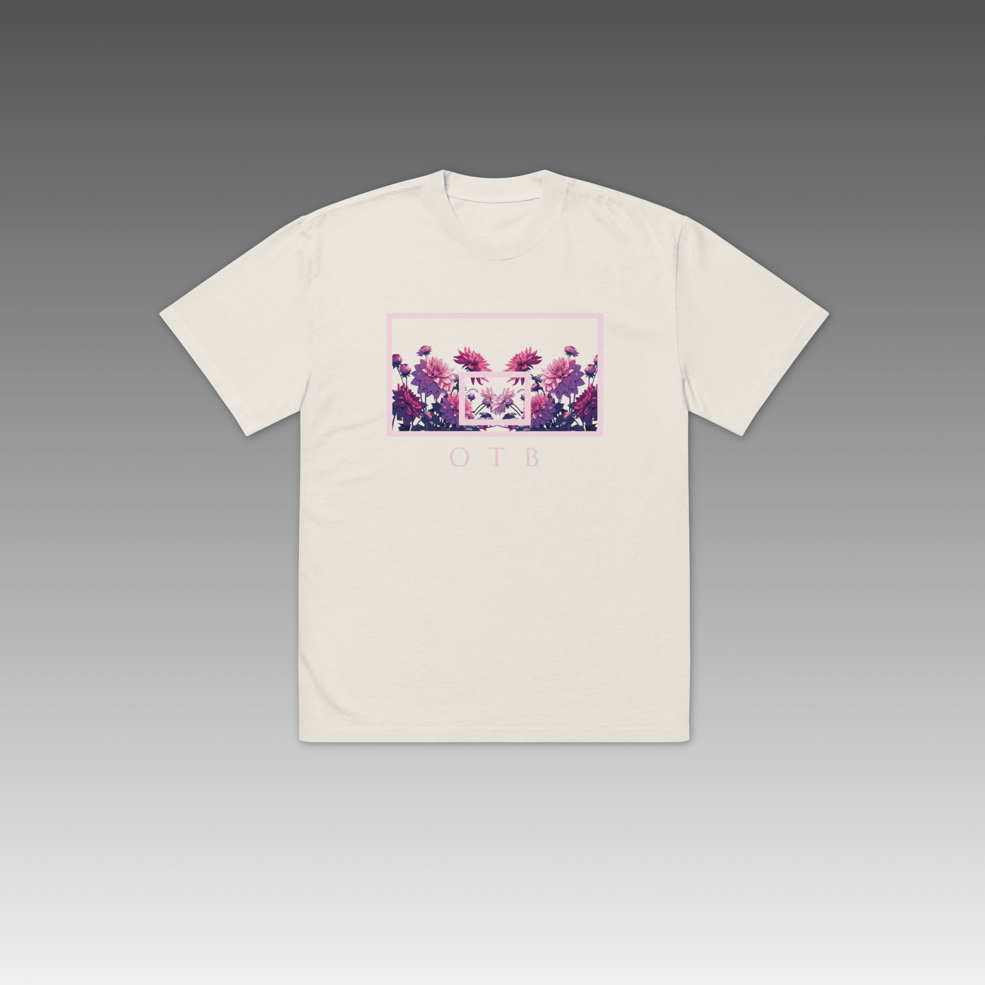 OTB Oversized Tee in Dahlia Dreams design - front view showcasing a white oversized t-shirt with beautiful dahlia flower graphics and dreamy floral artwork, featuring relaxed fit and premium cotton fabric for ultimate comfort