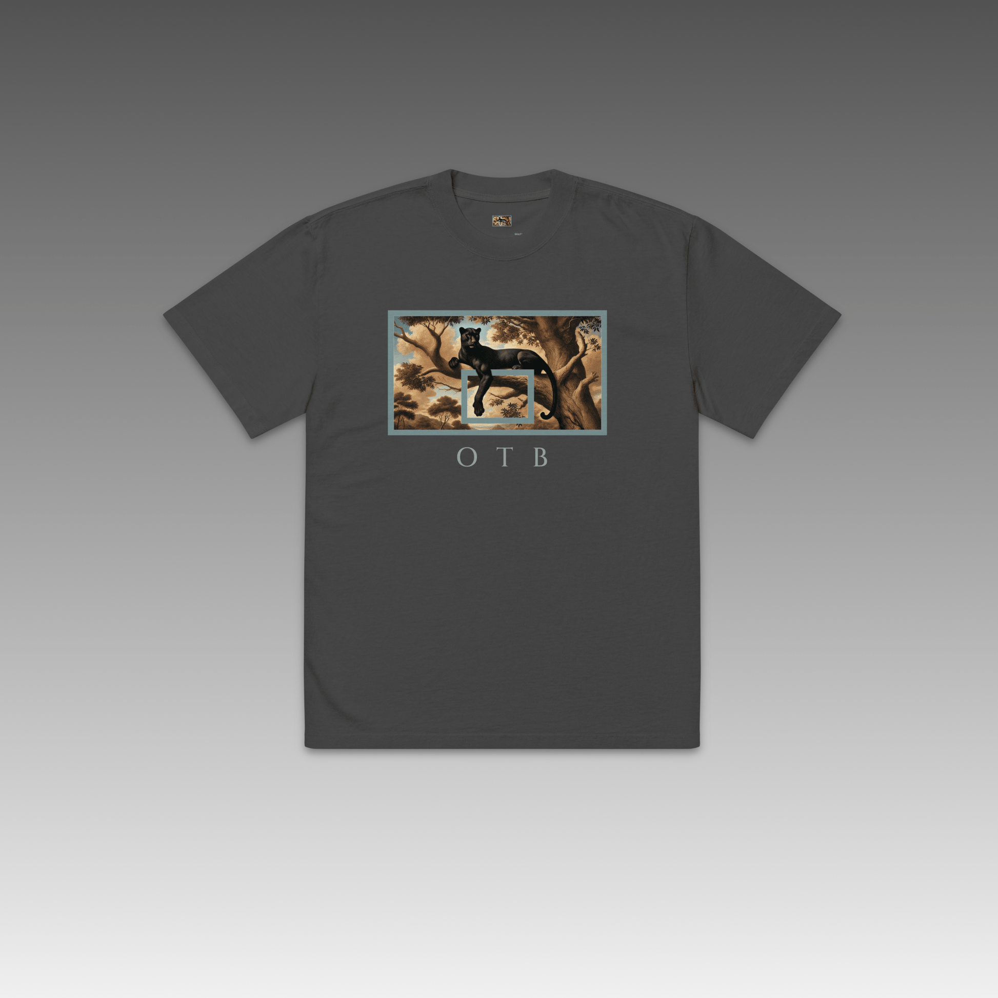 OTB Oversized Tee in Wild Elegance design - front view showcasing black oversized t-shirt with sophisticated wild animal-inspired graphics and elegant design elements, featuring relaxed fit and premium cotton fabric for ultimate comfort