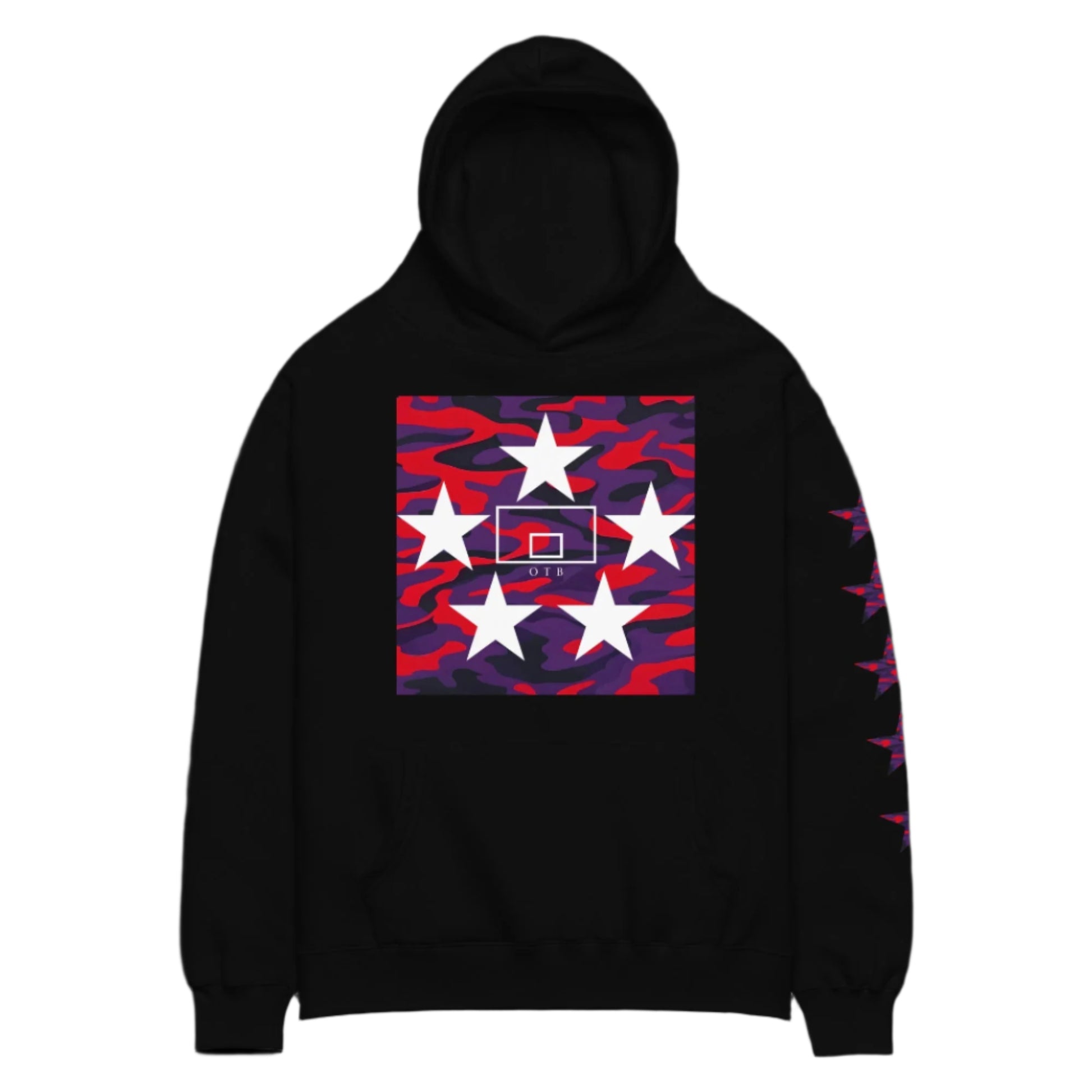 OTB Premium Hoodie in 5 Star Camo design - front view showcasing black hoodie with unique star camouflage pattern, featuring premium heavyweight fabric and comfortable kangaroo pocket