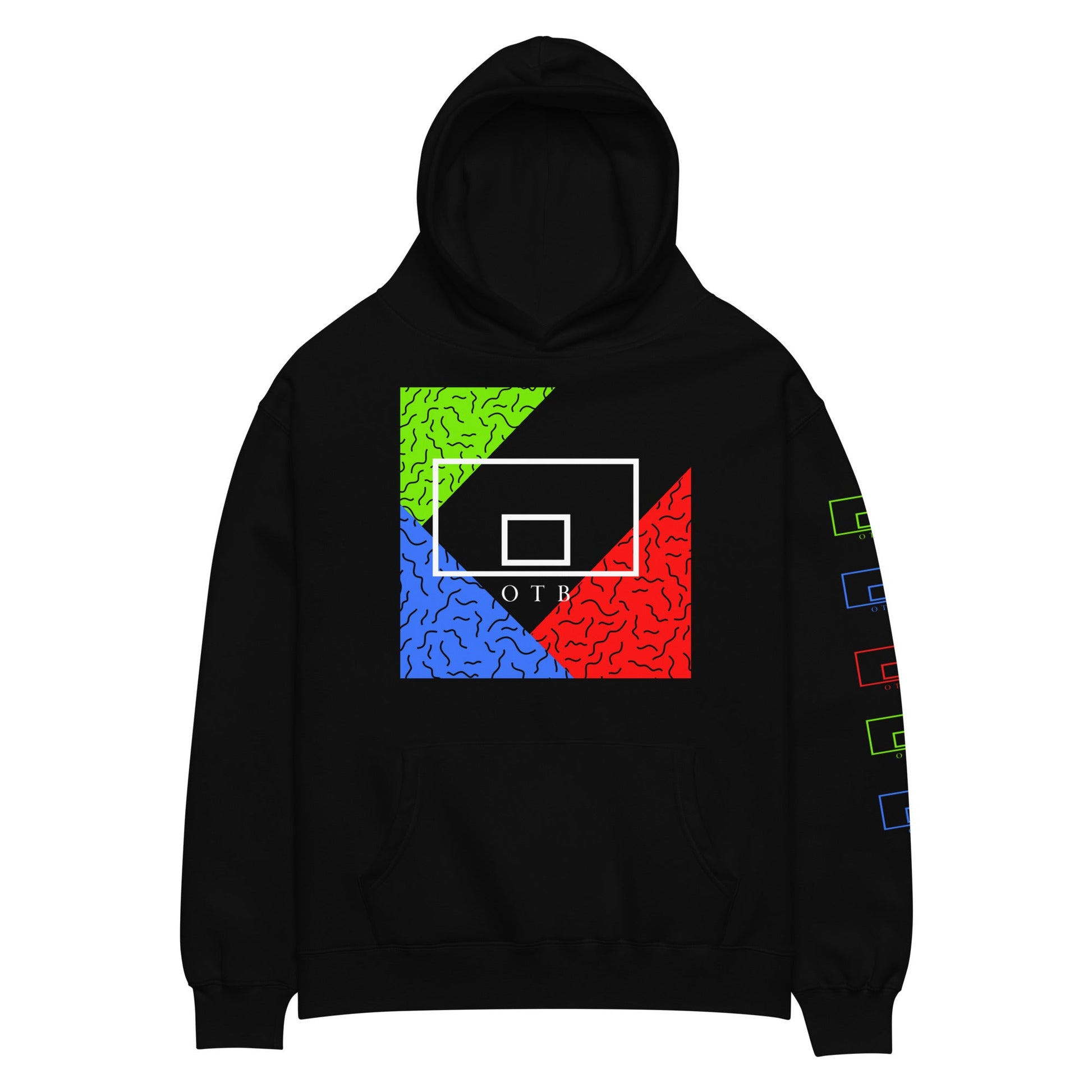OTB Premium Hoodie in 90s Throwback design - front view showcasing black hoodie with vibrant multicolor 90s-inspired geometric pattern, featuring premium heavyweight fabric and comfortable kangaroo pocket