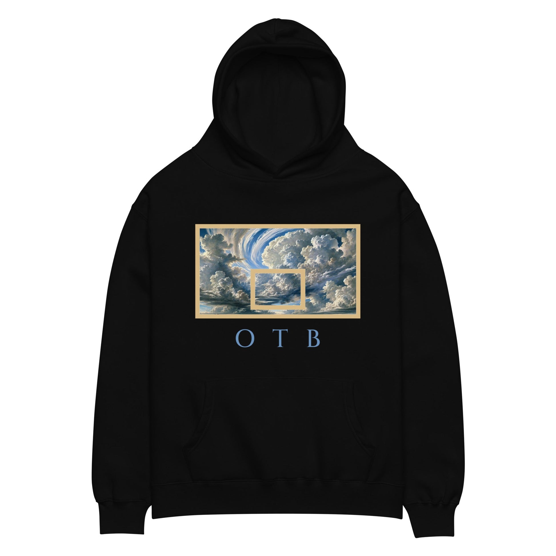 OTB Premium Hoodie in Above The Clouds design - front view showcasing light blue hoodie with dreamy cloud pattern graphics, featuring premium heavyweight fabric and comfortable kangaroo pocket