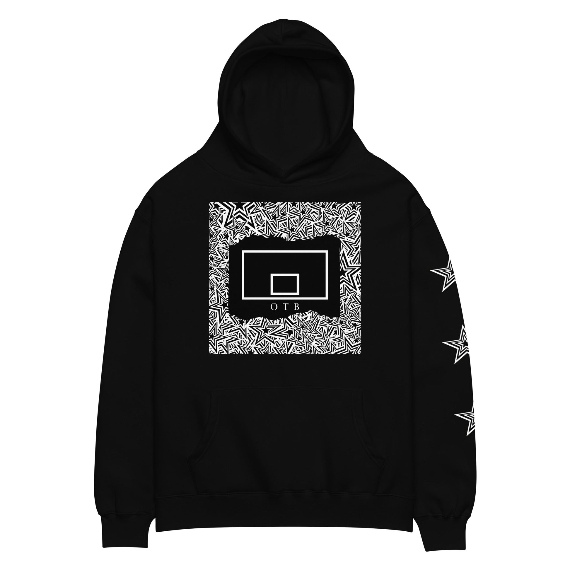 OTB Premium Hoodie in All-Star design - front view showcasing black hoodie with basketball-inspired star pattern, featuring premium heavyweight fabric and comfortable kangaroo pocket