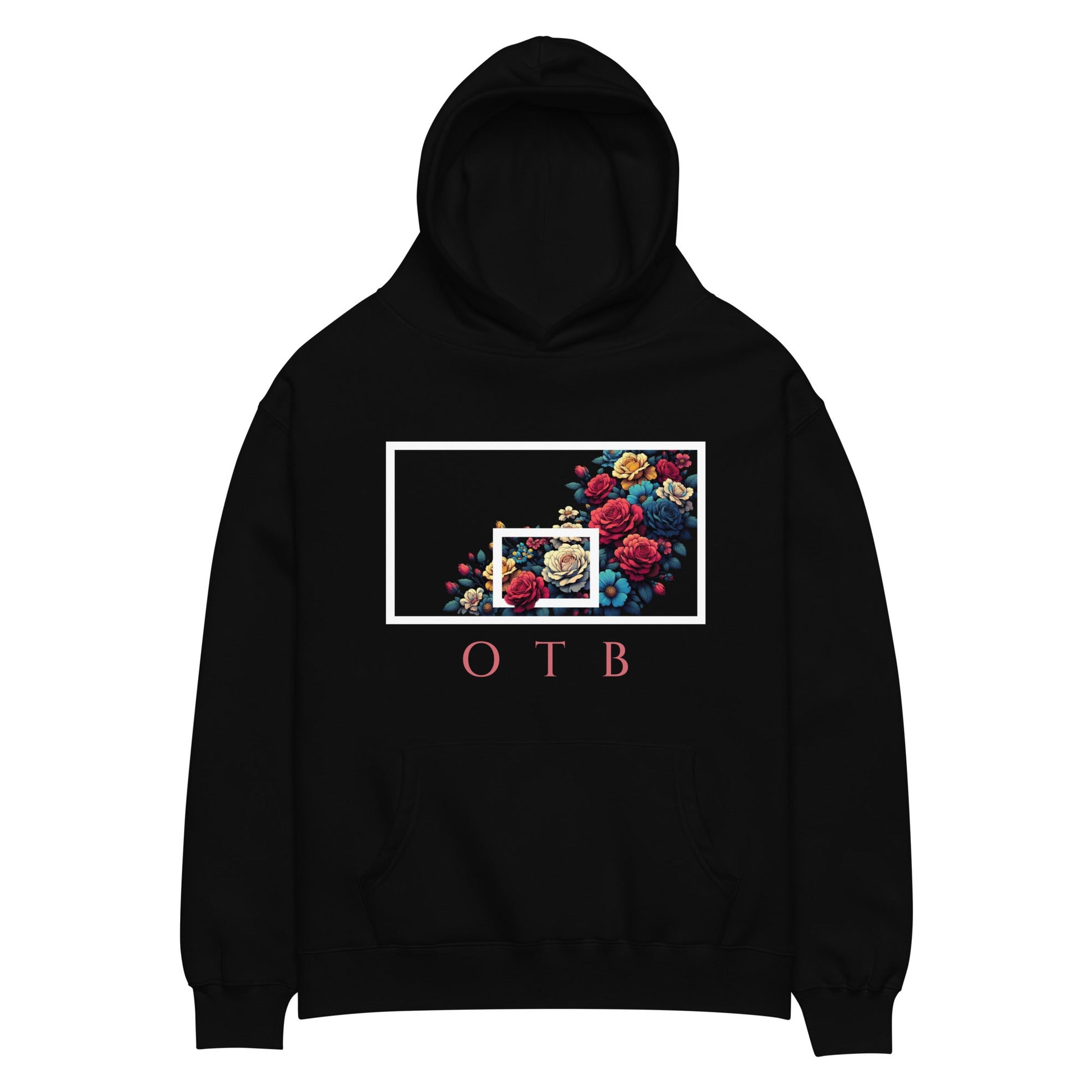 OTB Premium Hoodie in Floral Burst design - front view showcasing a black hoodie with vibrant floral burst graphics and colorful flower artwork, featuring premium heavyweight fabric and comfortable kangaroo pocket