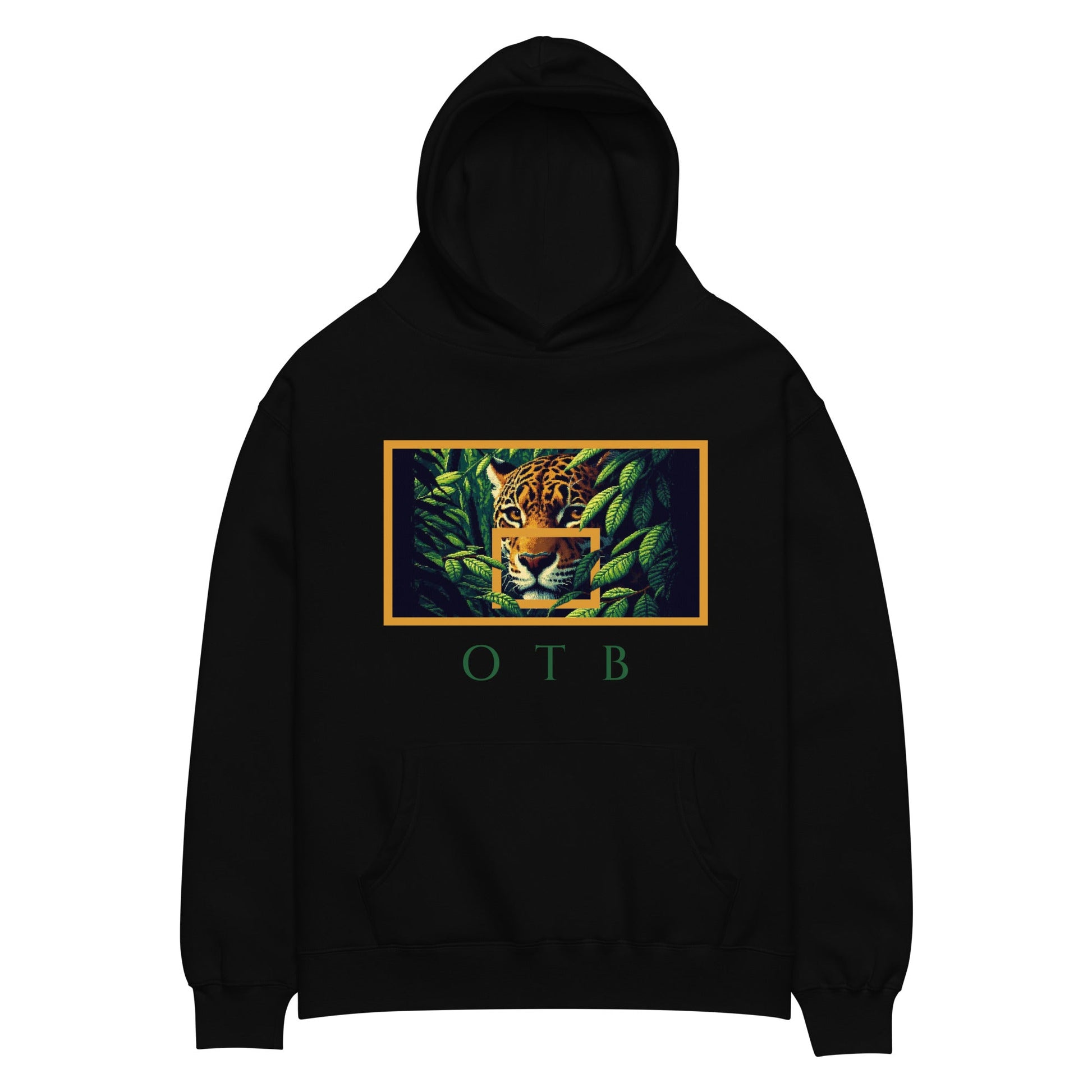 OTB Premium Hoodie in Jungle Jaguar design - front view showcasing black hoodie with vibrant jungle jaguar graphics and wild animal artwork, featuring premium heavyweight fabric and comfortable kangaroo pocket