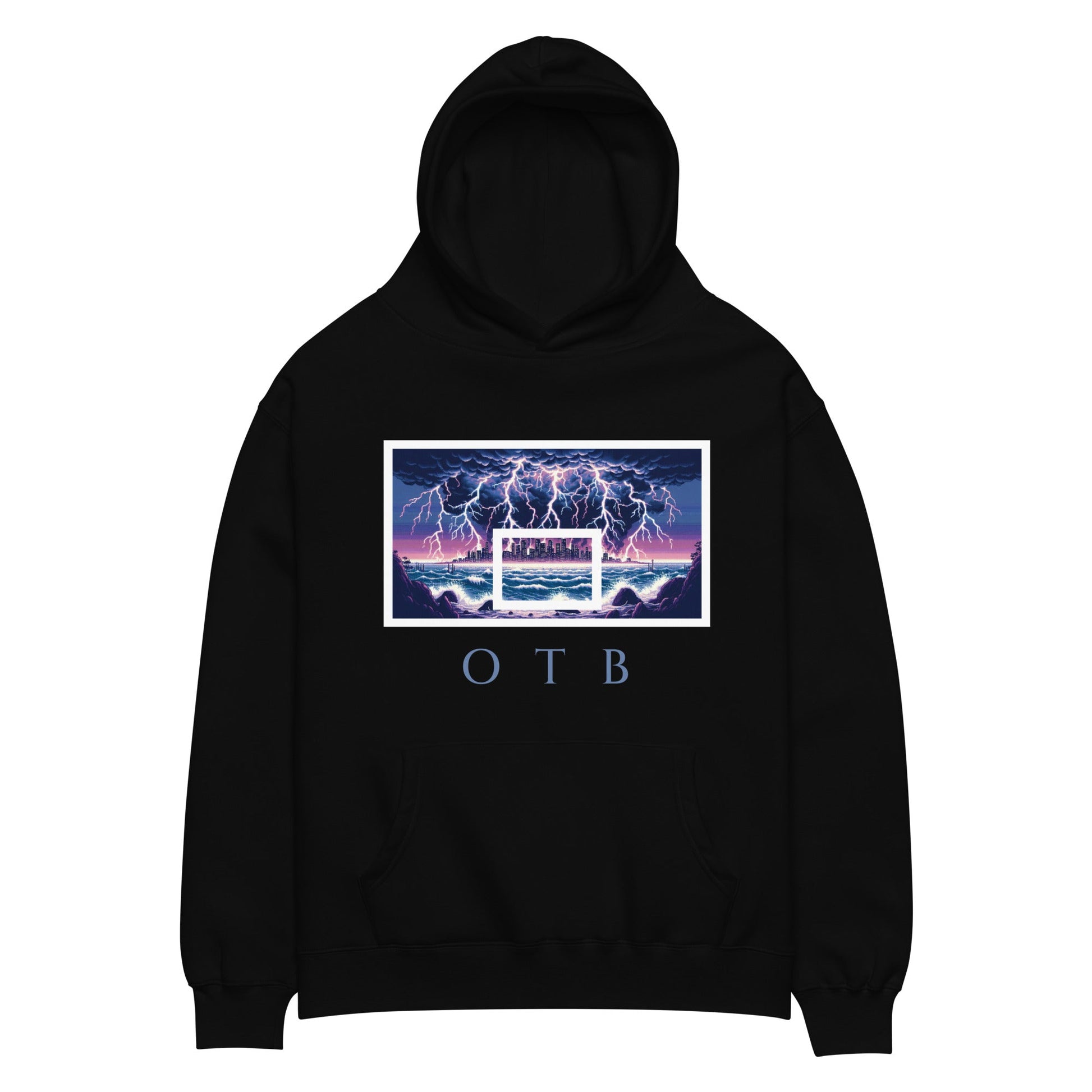 OTB Premium Hoodie in Lightning Storm design - front view showcasing hoodie with dynamic lightning storm graphics and electric weather artwork, featuring premium heavyweight fabric and comfortable kangaroo pocket