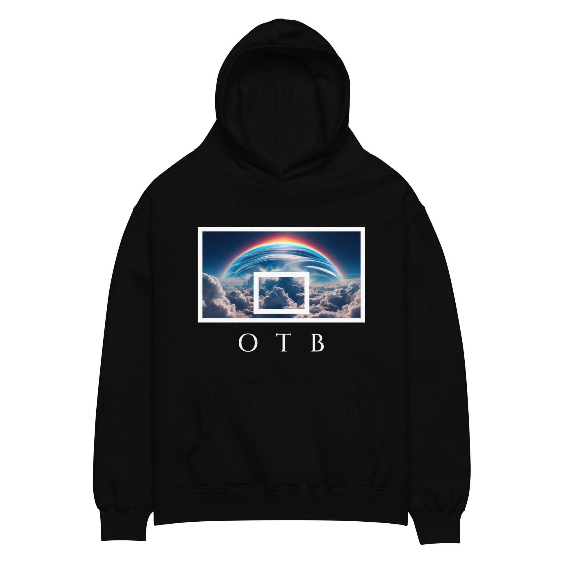 OTB Premium Hoodie in Rainbow Horizon design - front view showcasing a black hoodie with vibrant rainbow horizon graphics and colorful sky artwork, featuring premium heavyweight fabric and comfortable kangaroo pocket