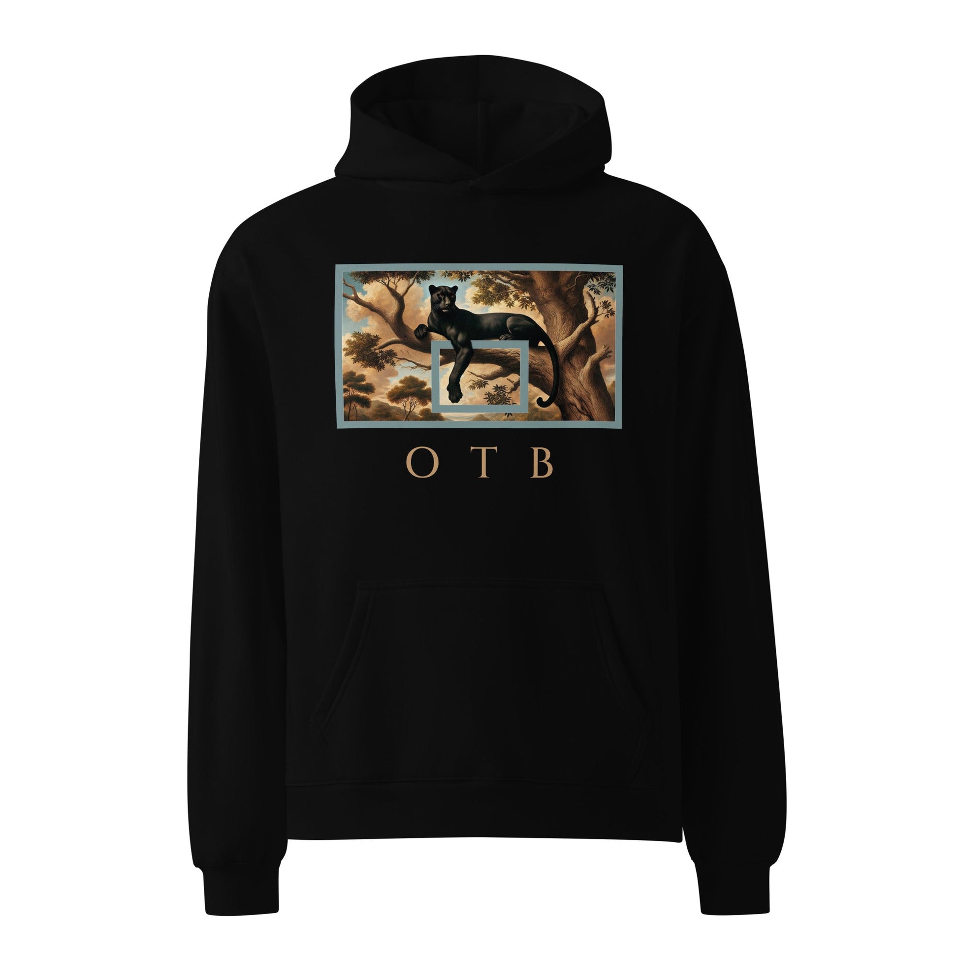 OTB Premium Hoodie in Wild Elegance design - front view showcasing hoodie with sophisticated wild animal-inspired graphics and elegant design elements, featuring premium heavyweight fabric and comfortable kangaroo pocket