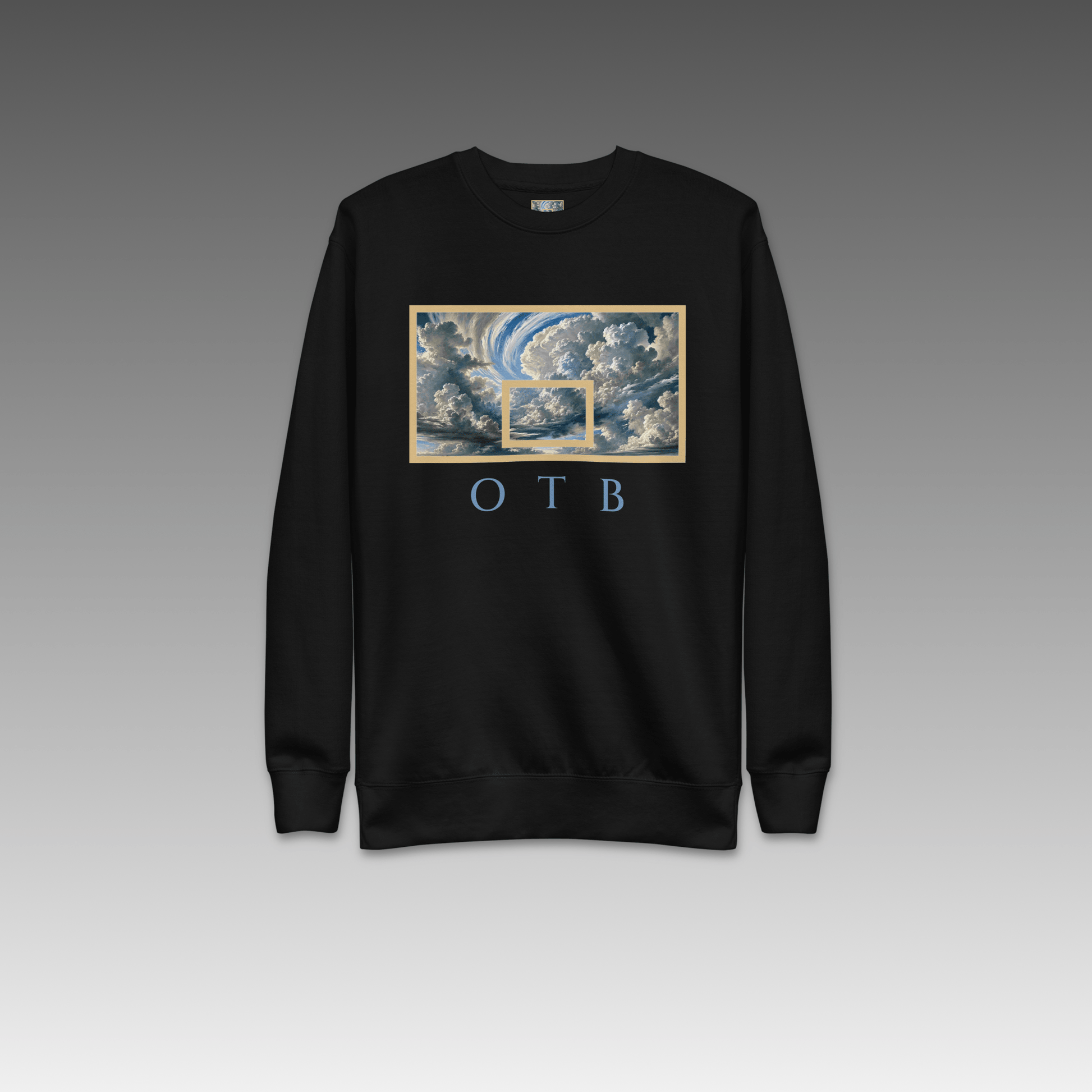 OTB Premium Sweatshirt in Above The Clouds design - front view showcasing light blue sweatshirt with dreamy cloud pattern graphics, featuring premium heavyweight fabric and comfortable crew neck