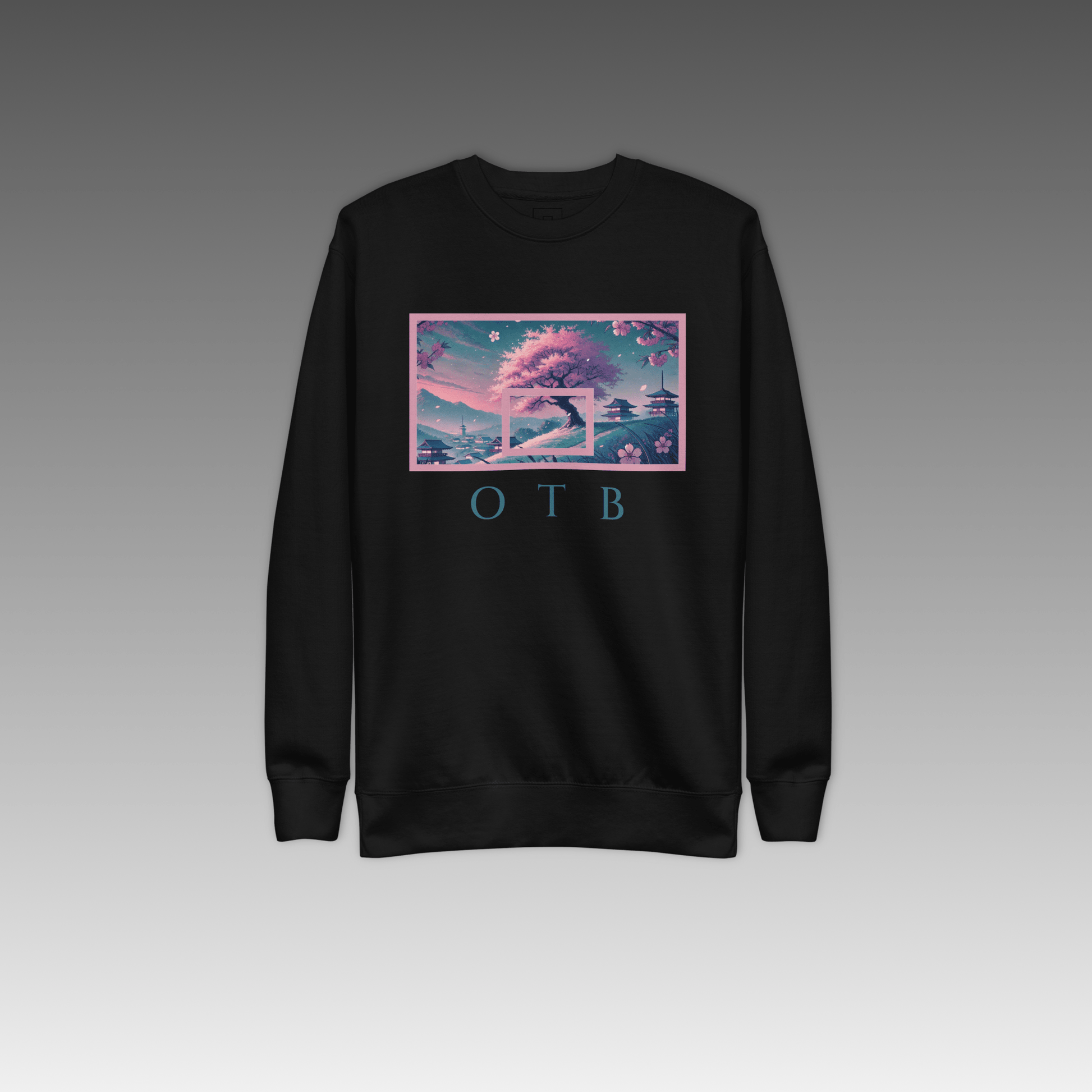 OTB Premium Sweatshirt in Cherry Blossom design - front view showcasing black sweatshirt with beautiful cherry blossom graphics and Japanese-inspired floral artwork, featuring premium heavyweight fabric and comfortable crew neck