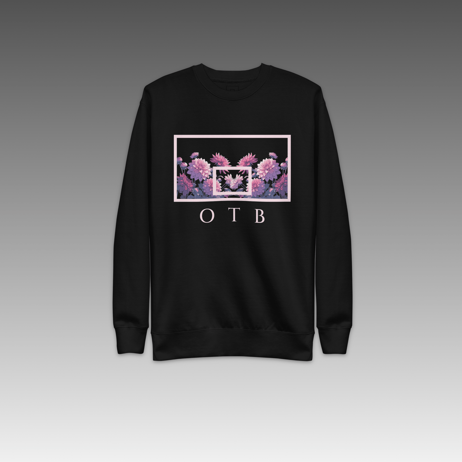 OTB Premium Sweatshirt in Dahlia Dreams design - front view showcasing black sweatshirt with beautiful dahlia flower graphics and dreamy floral artwork, featuring premium heavyweight fabric and comfortable crew neck