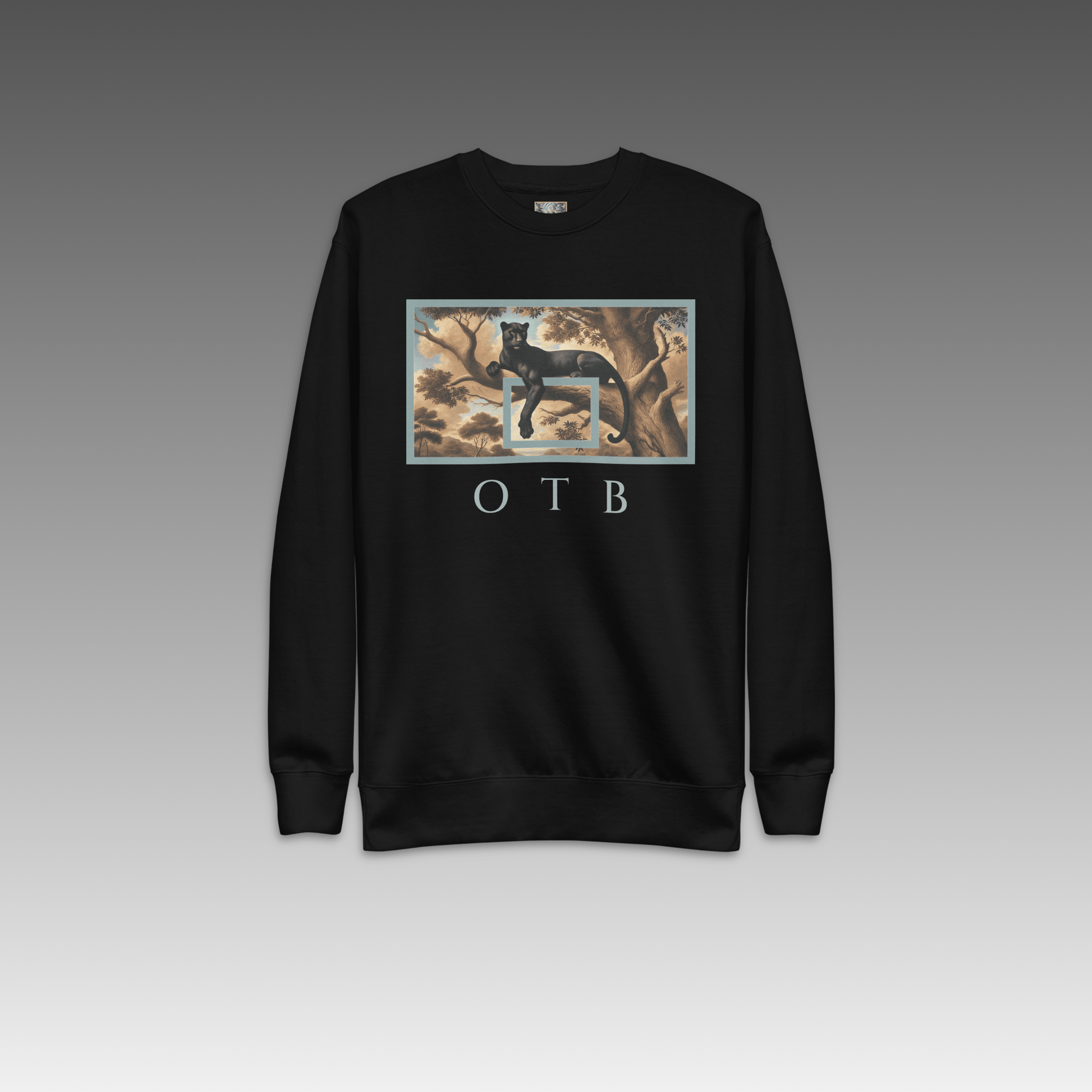 OTB Premium Sweatshirt in Wild Elegance design - front view showcasing black sweatshirt with sophisticated wild animal-inspired graphics and elegant design elements, featuring premium heavyweight fabric and comfortable crew neck