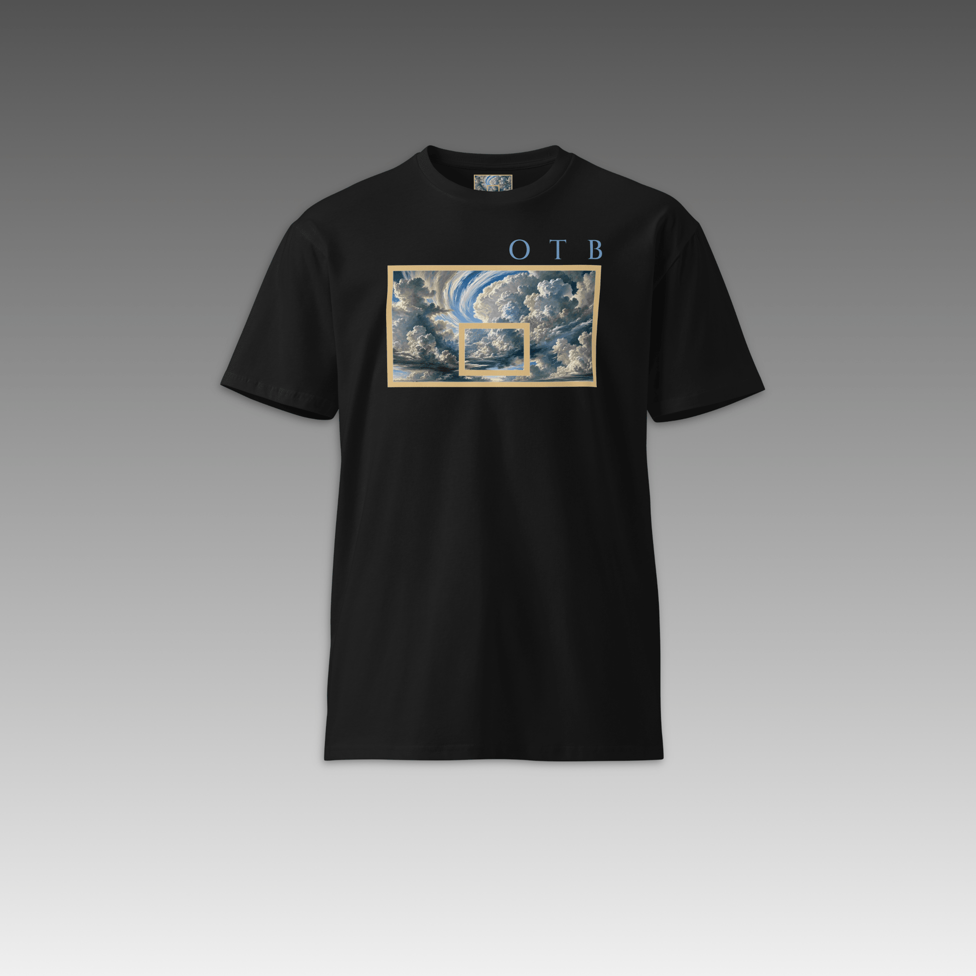 OTB Premium Tee in Above The Clouds design - front view showcasing light blue t-shirt with dreamy cloud pattern graphics, made from high-quality premium cotton fabric for comfort and style