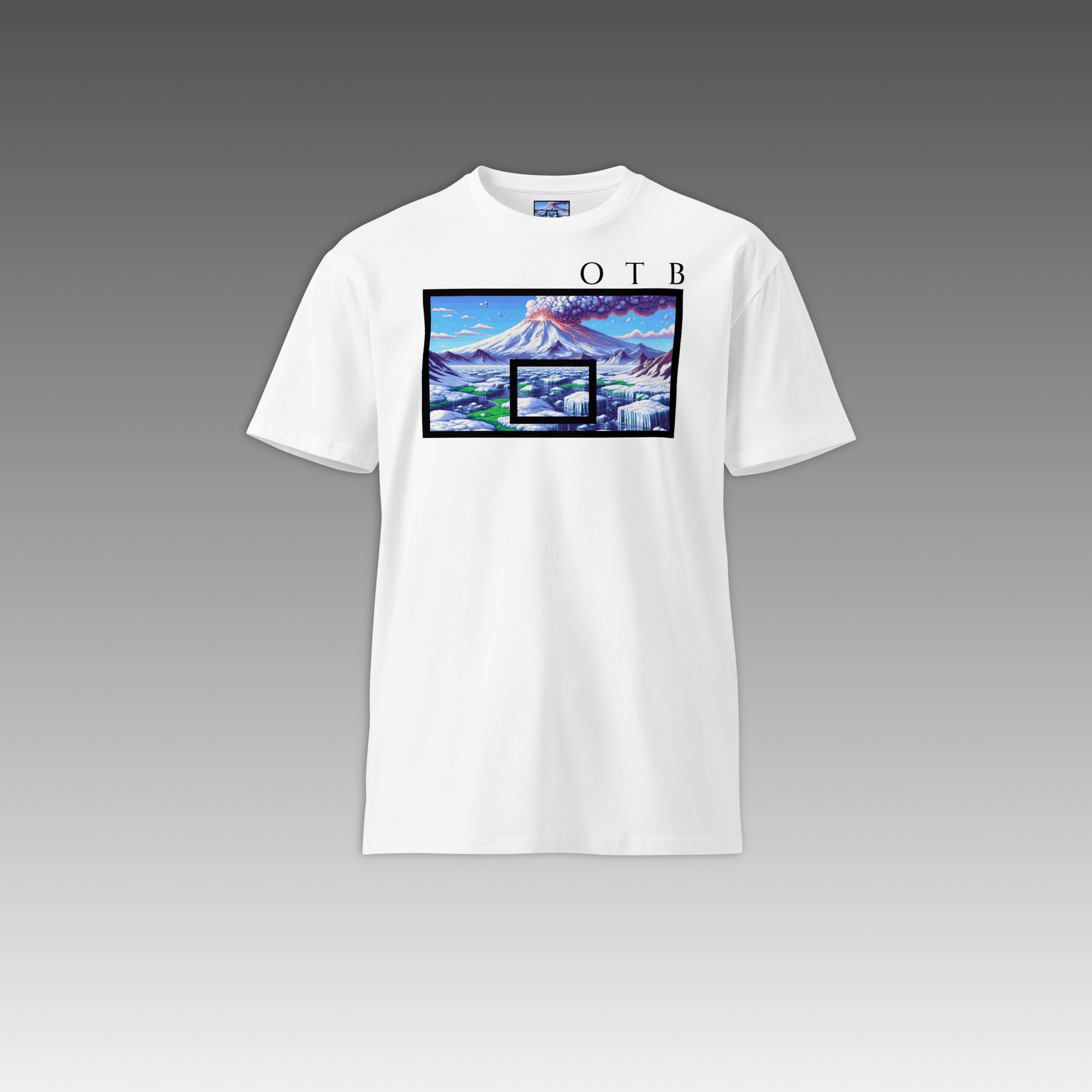 OTB Premium Tee in Arctic Volcano design - front view showcasing a white t-shirt with dramatic arctic volcano graphics featuring ice and fire elements, made from high-quality premium cotton fabric for comfort and style