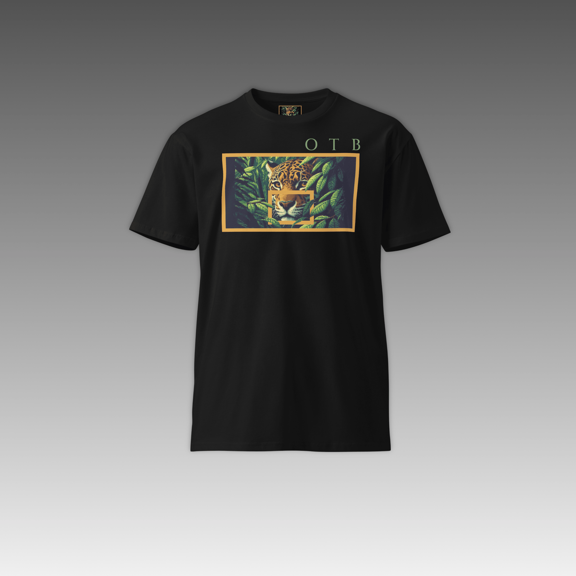 OTB Premium Tee in Jungle Jaguar design - front view showcasing black t-shirt with vibrant jungle jaguar graphics and wild animal artwork, made from high-quality premium cotton fabric for comfort and style