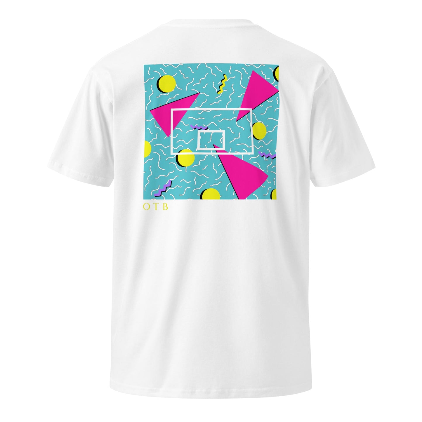 OTB Premium Tee in Teal 90s Throwback design - angled view showing the fit and style of this premium basketball-inspired t-shirt with comfortable crew neck and premium cotton construction