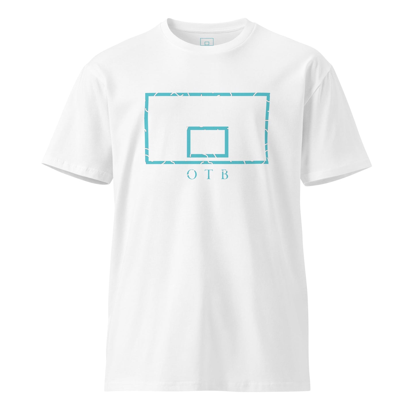 OTB Premium Tee in Teal 90s Throwback design - close-up view highlighting the texture and quality of the premium cotton fabric with retro 90s basketball-inspired pattern and reinforced stitching