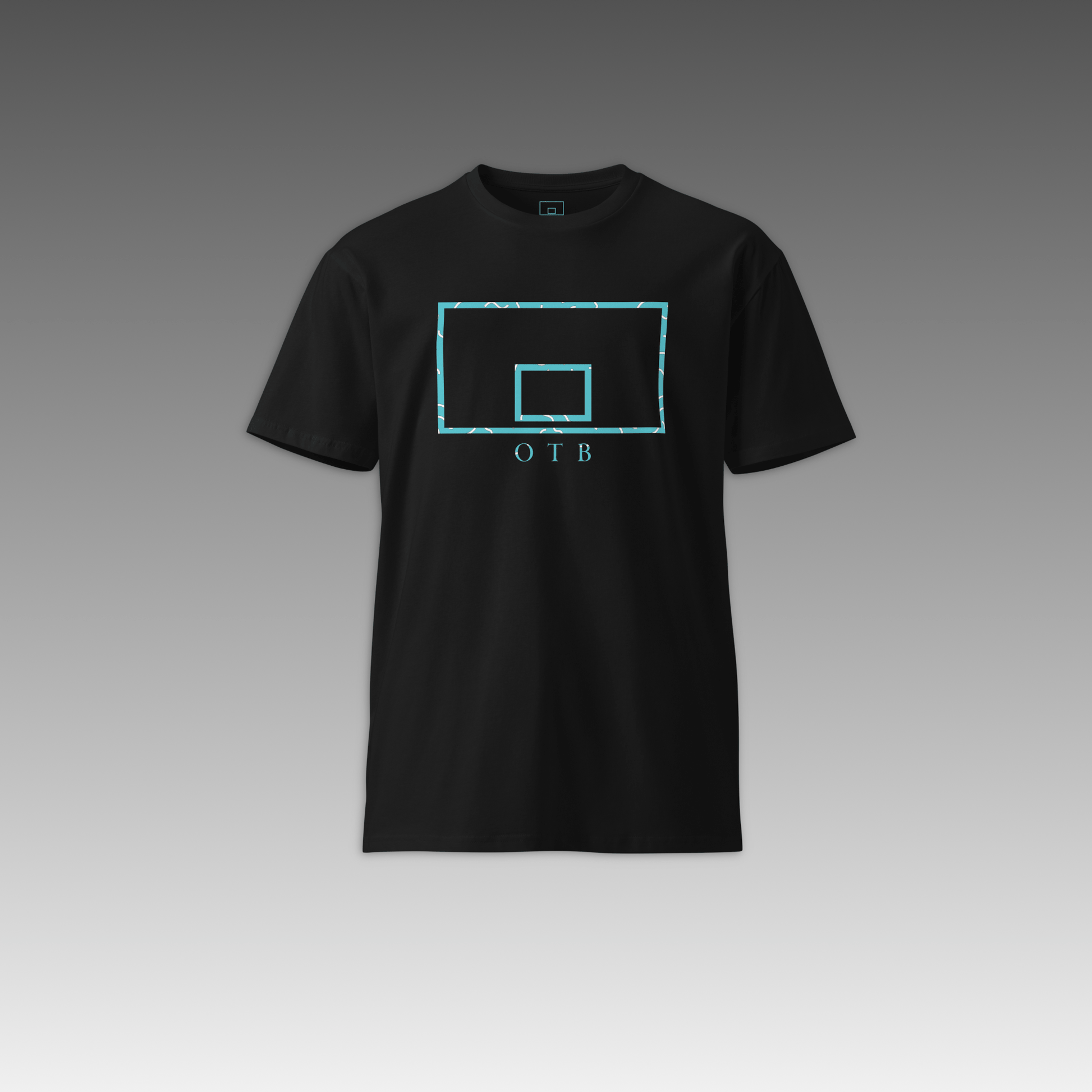 OTB Premium Tee in Teal 90s Throwback design - front view showcasing teal t-shirt with vibrant multicolor 90s-inspired geometric pattern, made from high-quality premium cotton fabric