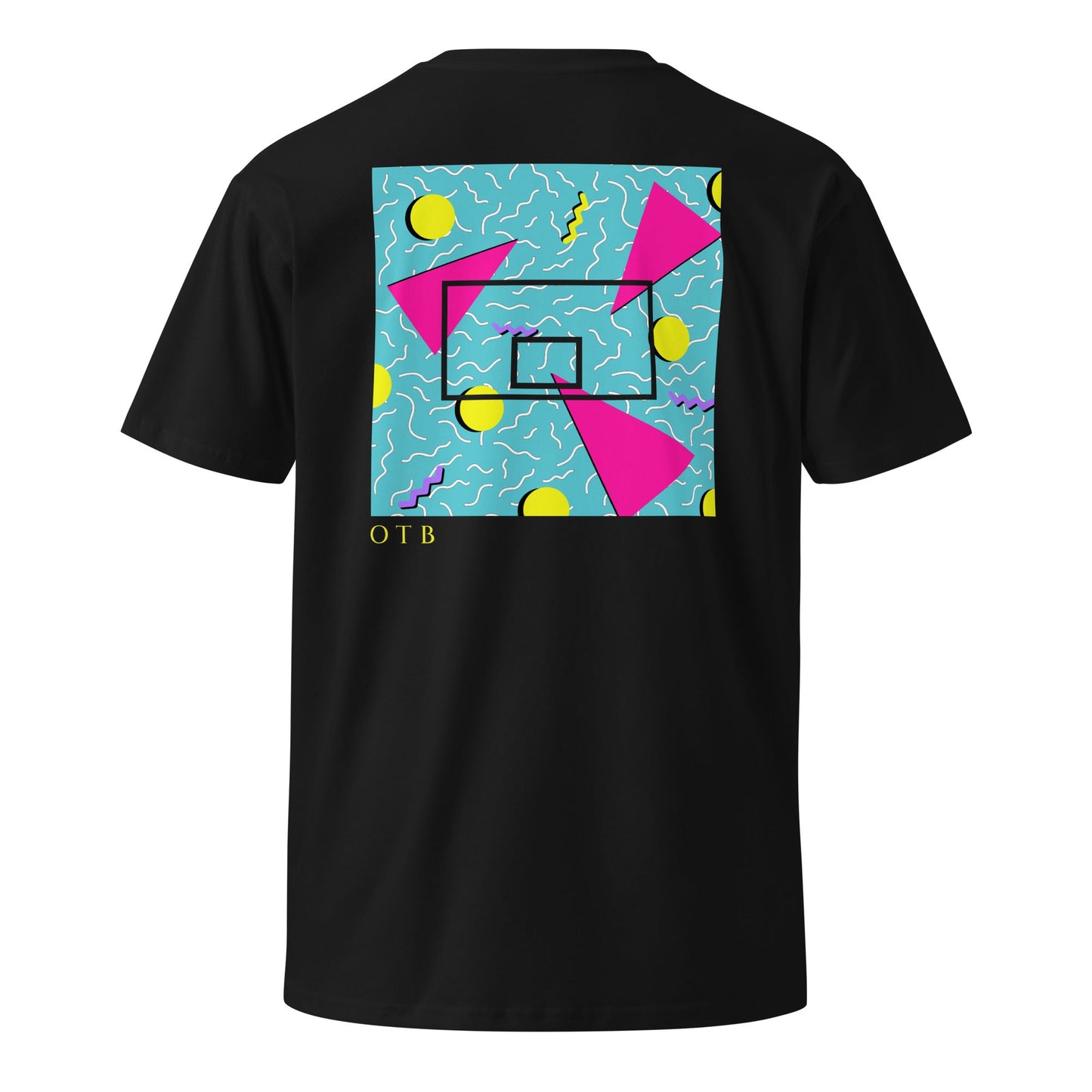 OTB Premium Tee in Teal 90s Throwback design - front view showcasing teal t-shirt with vibrant multicolor 90s-inspired geometric pattern, made from high-quality premium cotton fabric