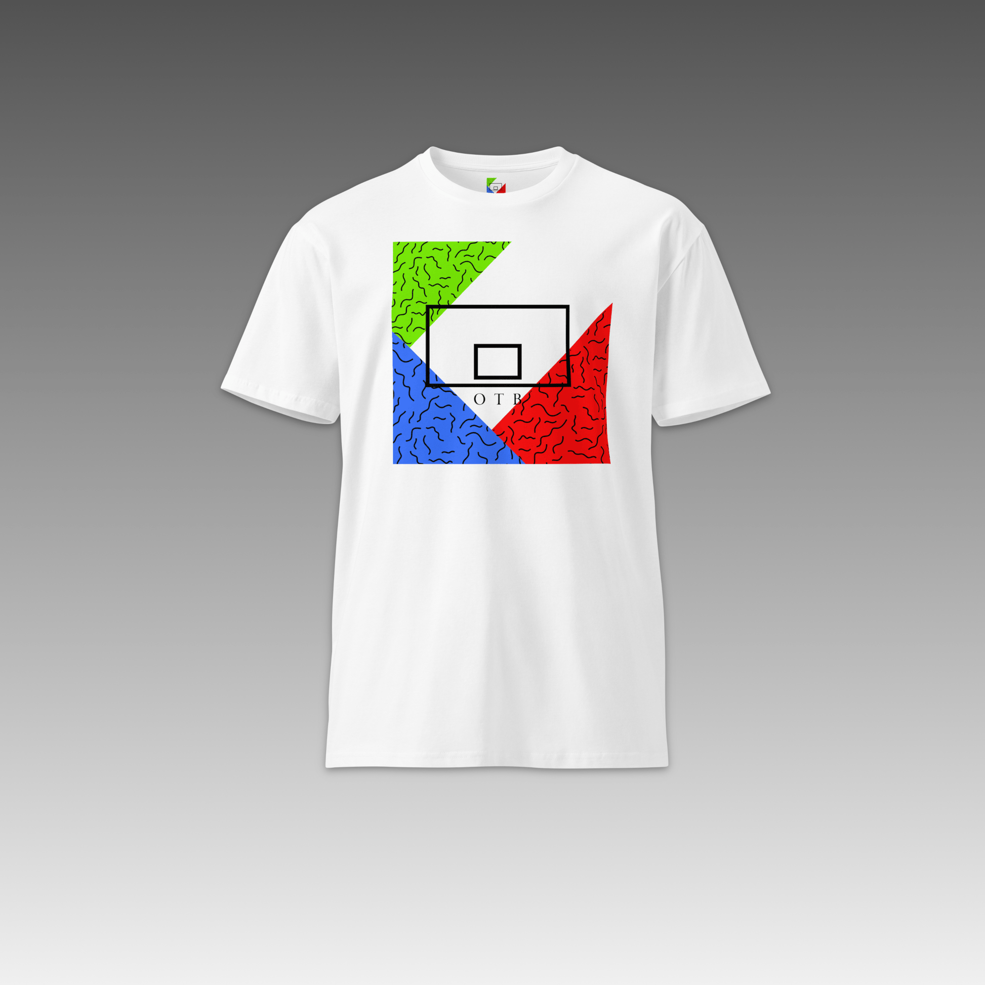 OTB Premium Tee in Throwback Jam design - front view showcasing vibrant multicolor t-shirt with retro basketball-inspired jam session graphics, made from high-quality premium cotton fabric