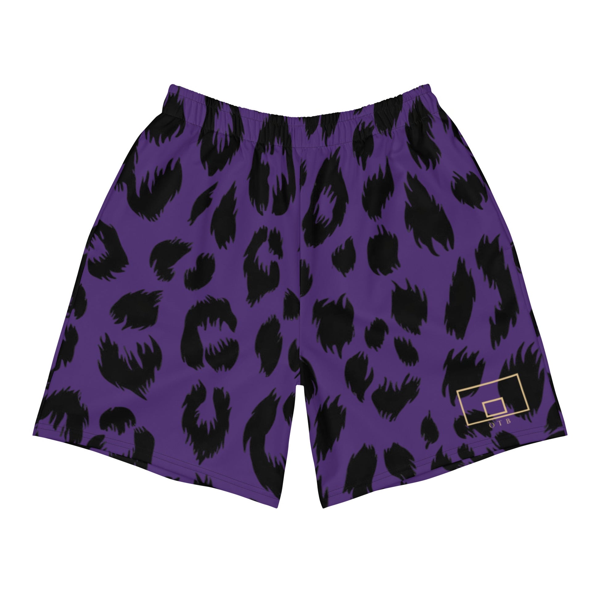 OTB Purple Leopard Basketball Shorts - front view showcasing vibrant purple shorts with bold leopard print pattern, featuring lightweight performance fabric and comfortable athletic fit for basketball players