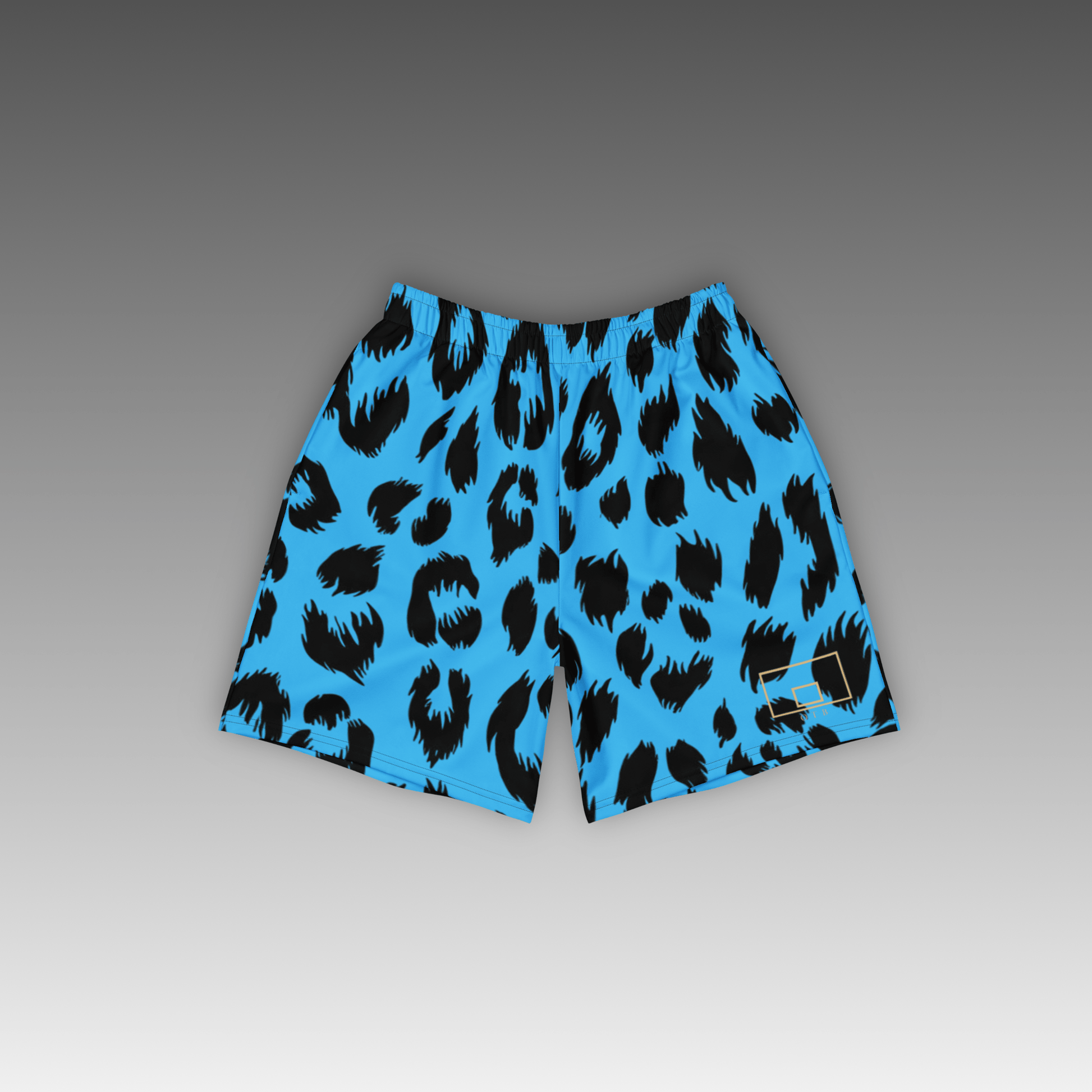 OTB Sky Blue Leopard Basketball Shorts - front view showcasing light blue shorts with bold leopard print pattern, featuring lightweight performance fabric and comfortable athletic fit for basketball players