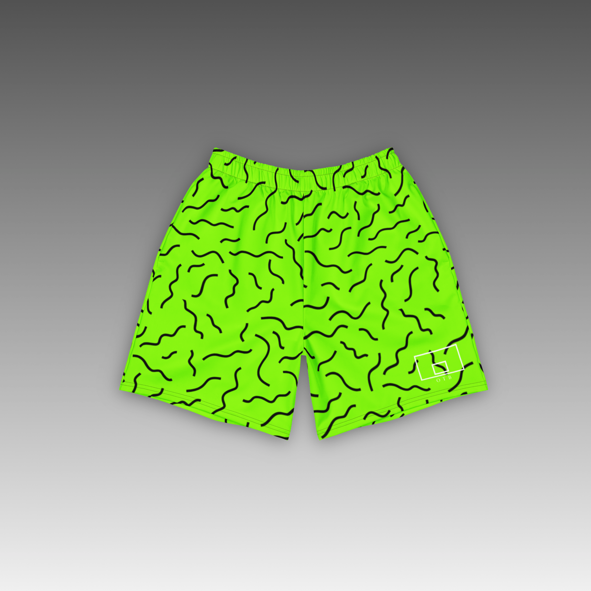 OTB Squiggle Slime Green Basketball Shorts - back view displaying the energetic squiggle pattern on bright green fabric, highlighting the quality construction, elastic waistband, and basketball-ready design
