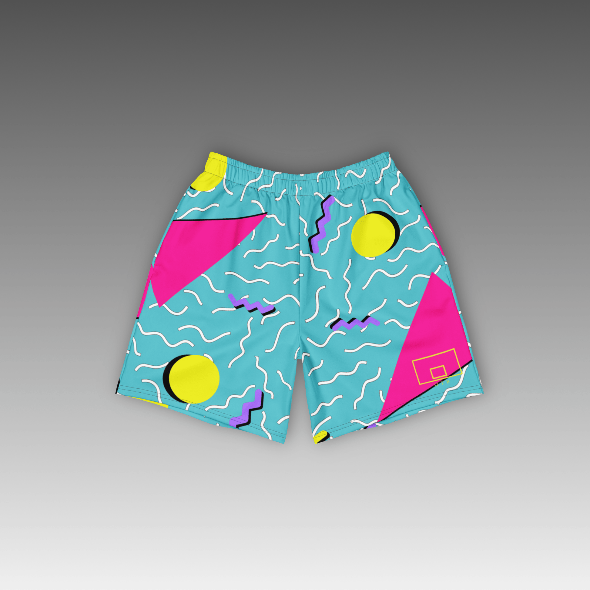 OTB Teal 90s Throwback Basketball Shorts - front view showcasing vibrant teal shorts with colorful 90s-inspired geometric pattern, featuring lightweight performance fabric and comfortable athletic fit for basketball players