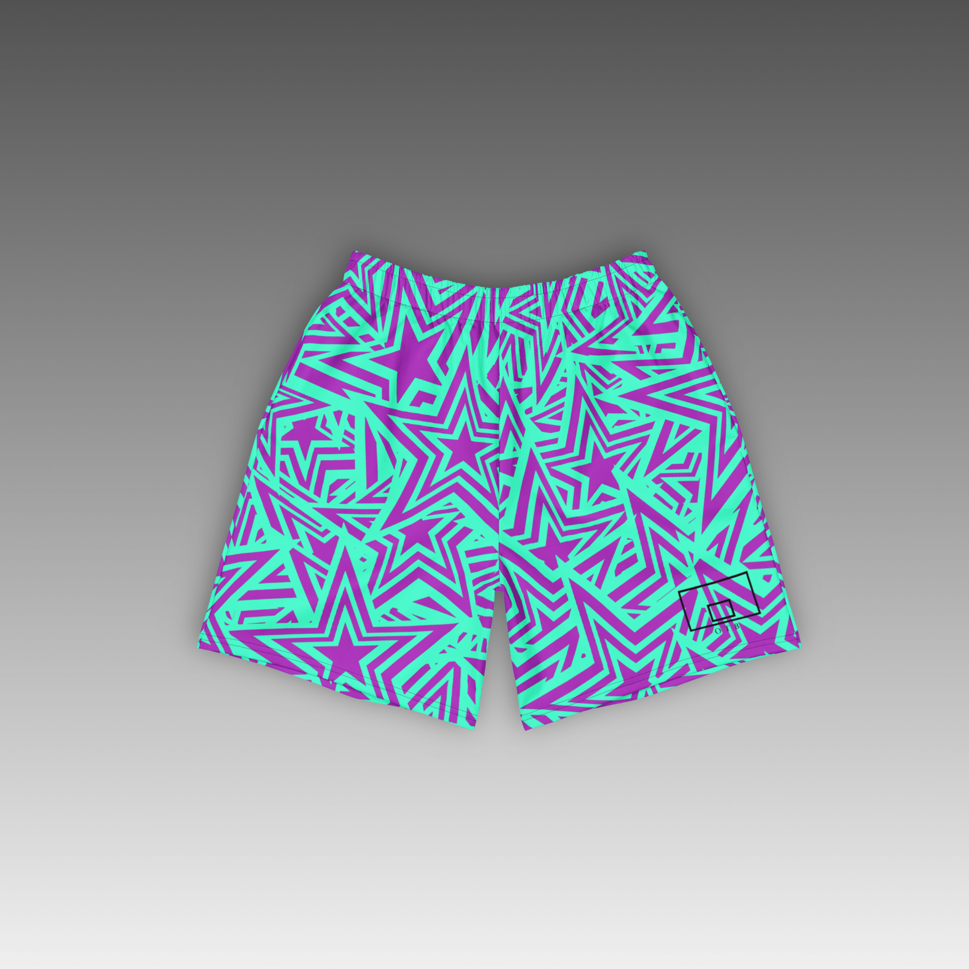 OTB Turquoise All-Star Basketball Shorts - front view showcasing vibrant turquoise shorts with star pattern design, featuring lightweight performance fabric and comfortable athletic fit for basketball players