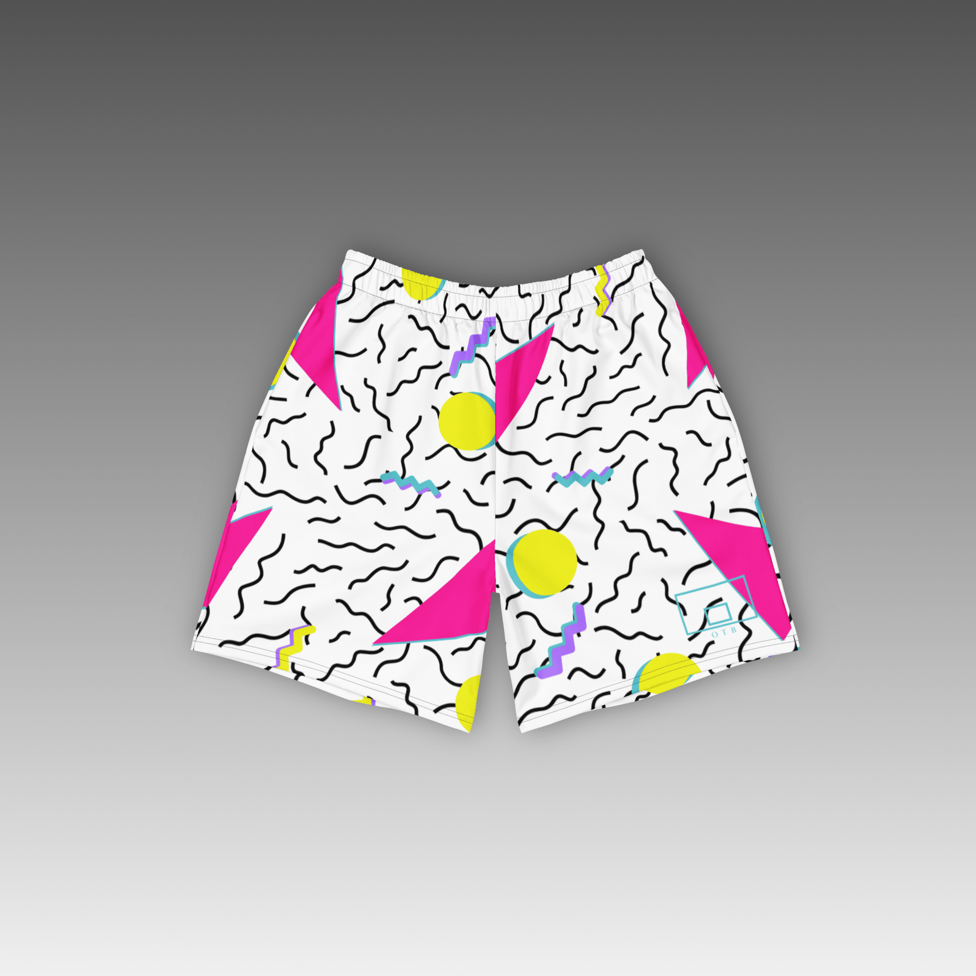 OTB White 90s Throwback Basketball Shorts - front view showcasing clean white shorts with vibrant multicolor 90s-inspired geometric pattern, featuring lightweight performance fabric and comfortable athletic fit for basketball players