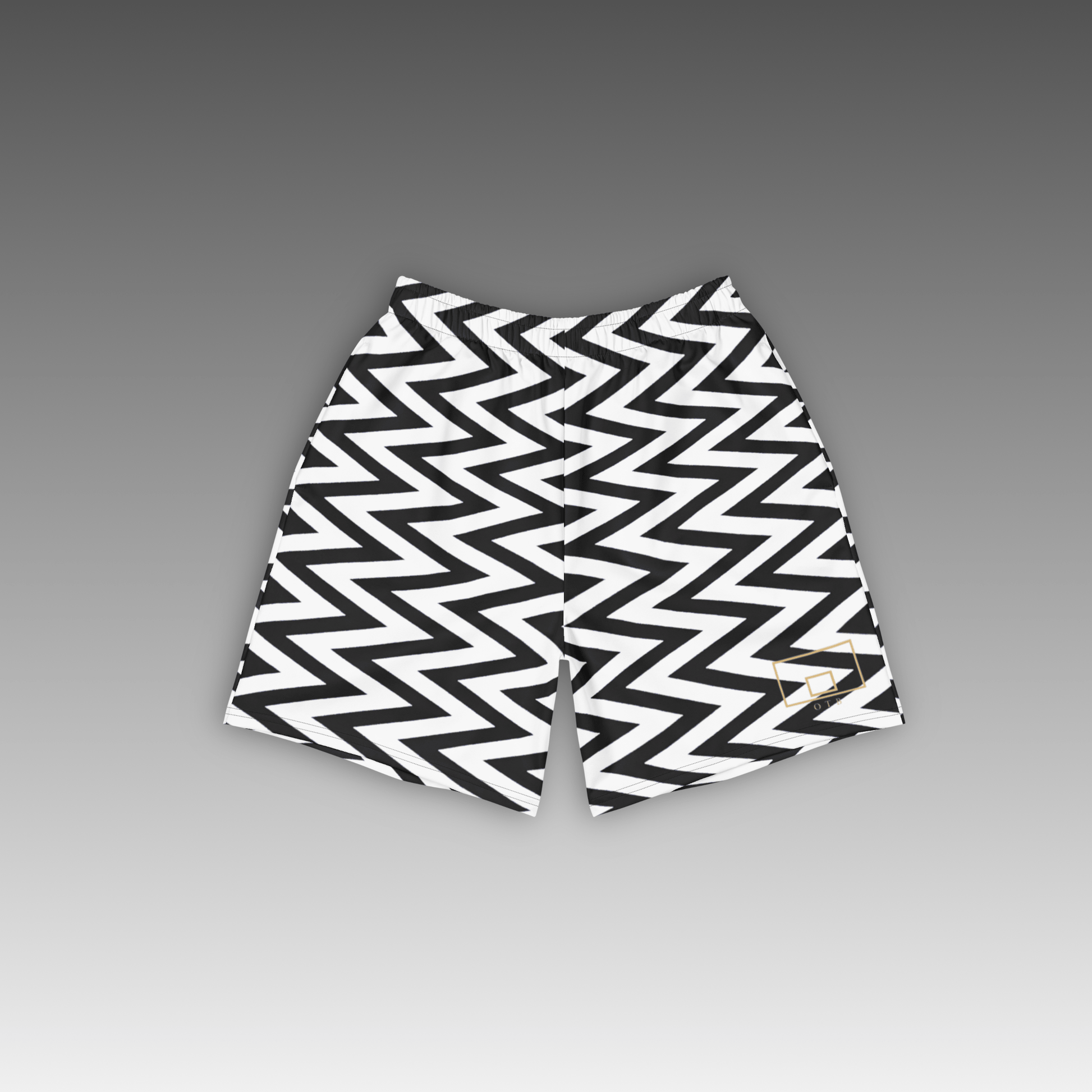 OTB White Chevron Basketball Shorts - front view showcasing clean white shorts with dynamic black chevron pattern design, featuring lightweight performance fabric and comfortable athletic fit for basketball players
