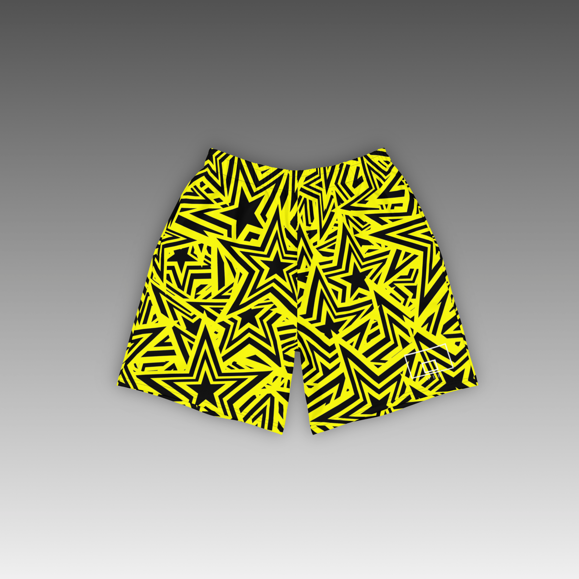 OTB Yellow All-Star Basketball Shorts - front view showcasing vibrant yellow shorts with basketball-inspired star pattern design, featuring lightweight performance fabric and comfortable athletic fit for basketball players