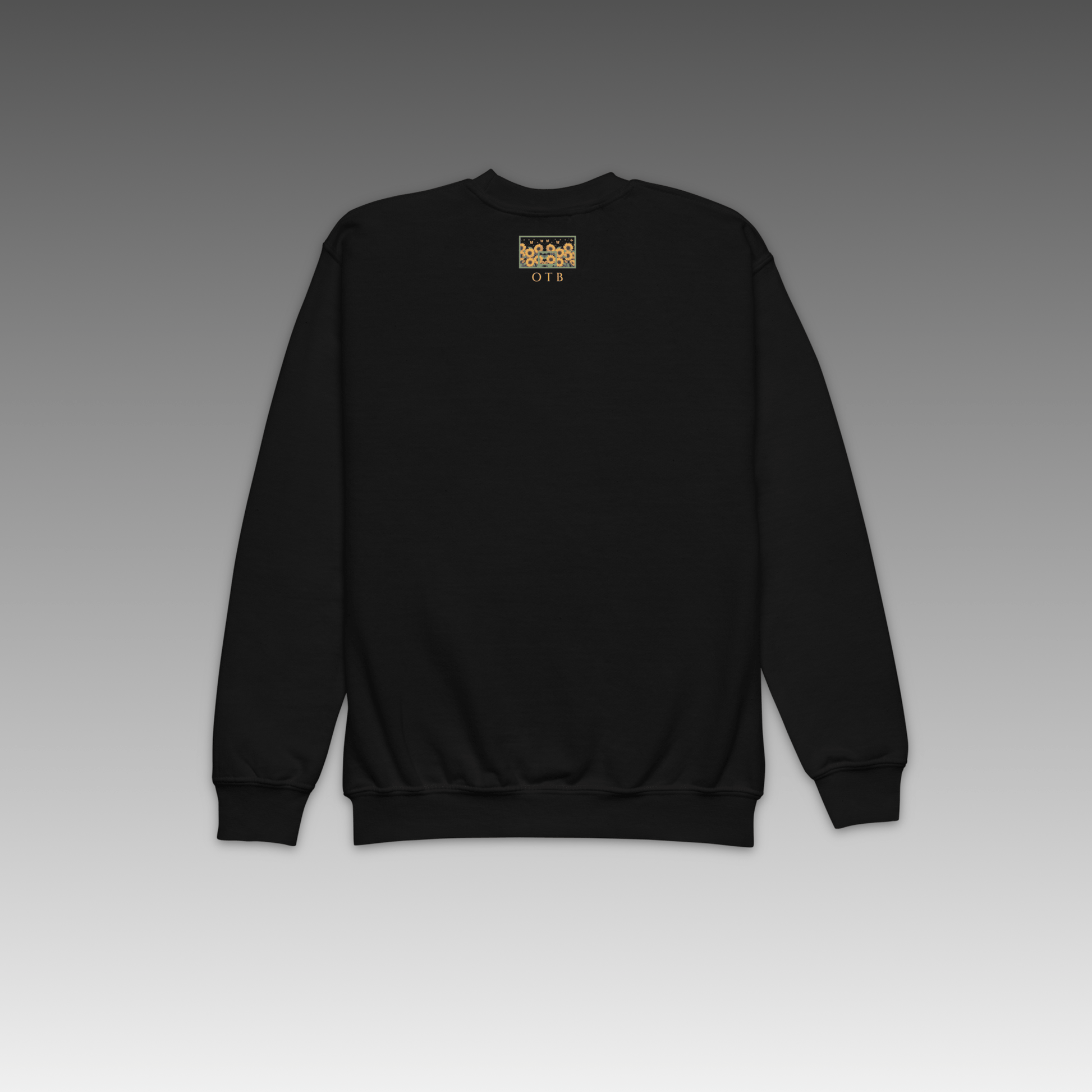 Black sweatshirt with a logo on the chest against a gradient background