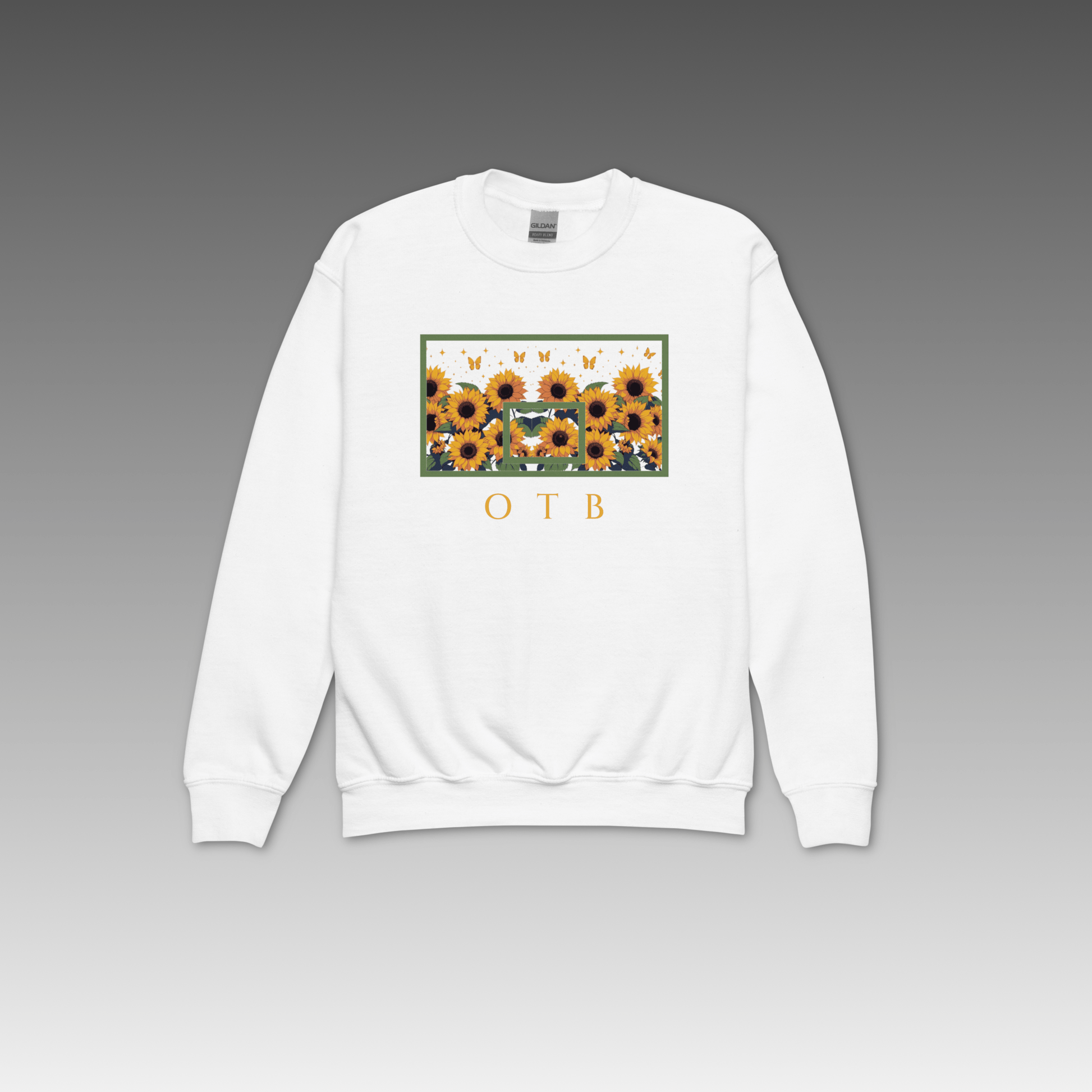 White sweatshirt with sunflower design and 'OTB' text on a gray background