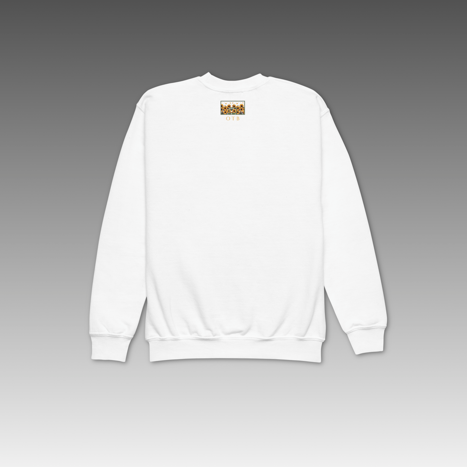 White sweatshirt with a small logo on the chest against a gray background