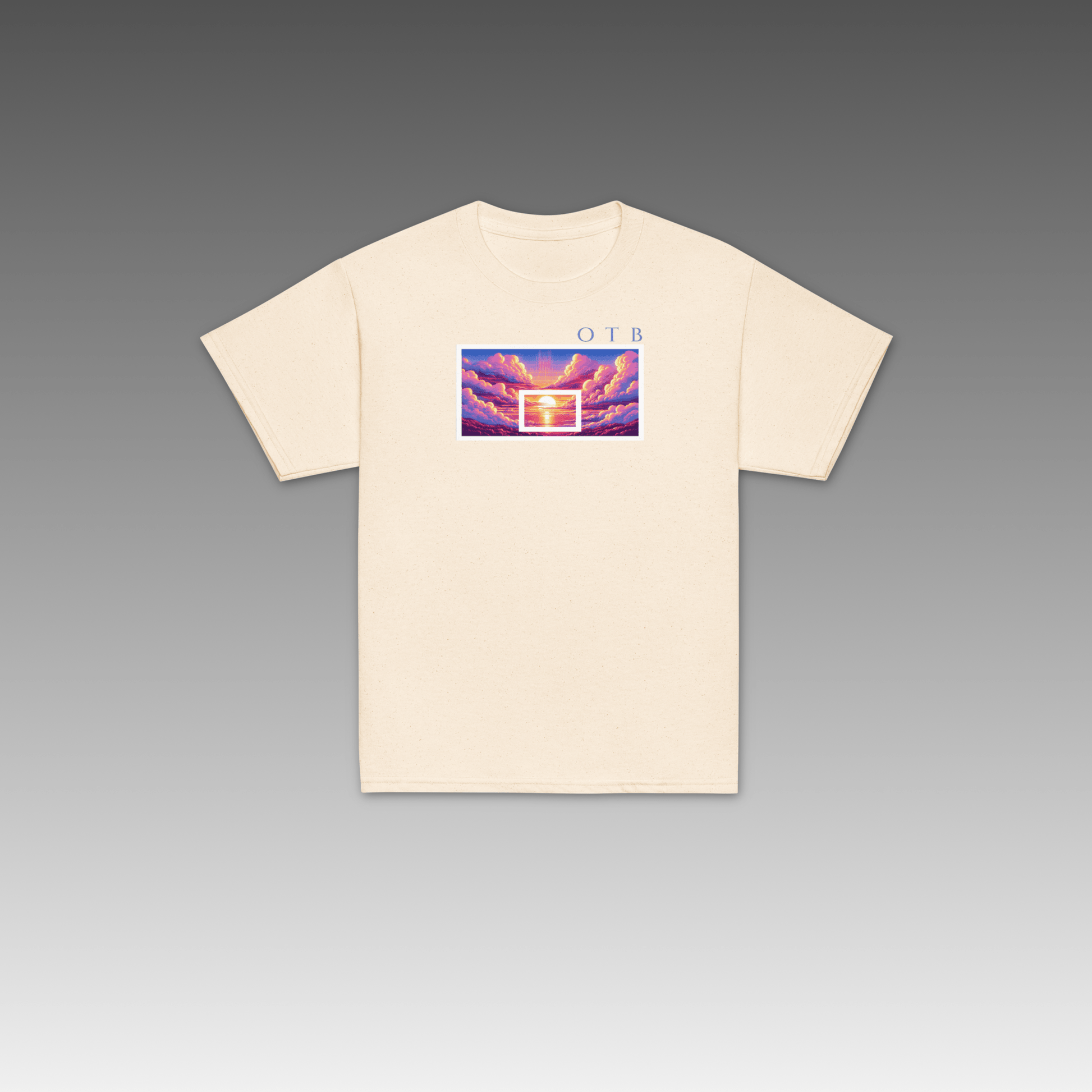 Beige t-shirt with a colorful graphic on a gray background