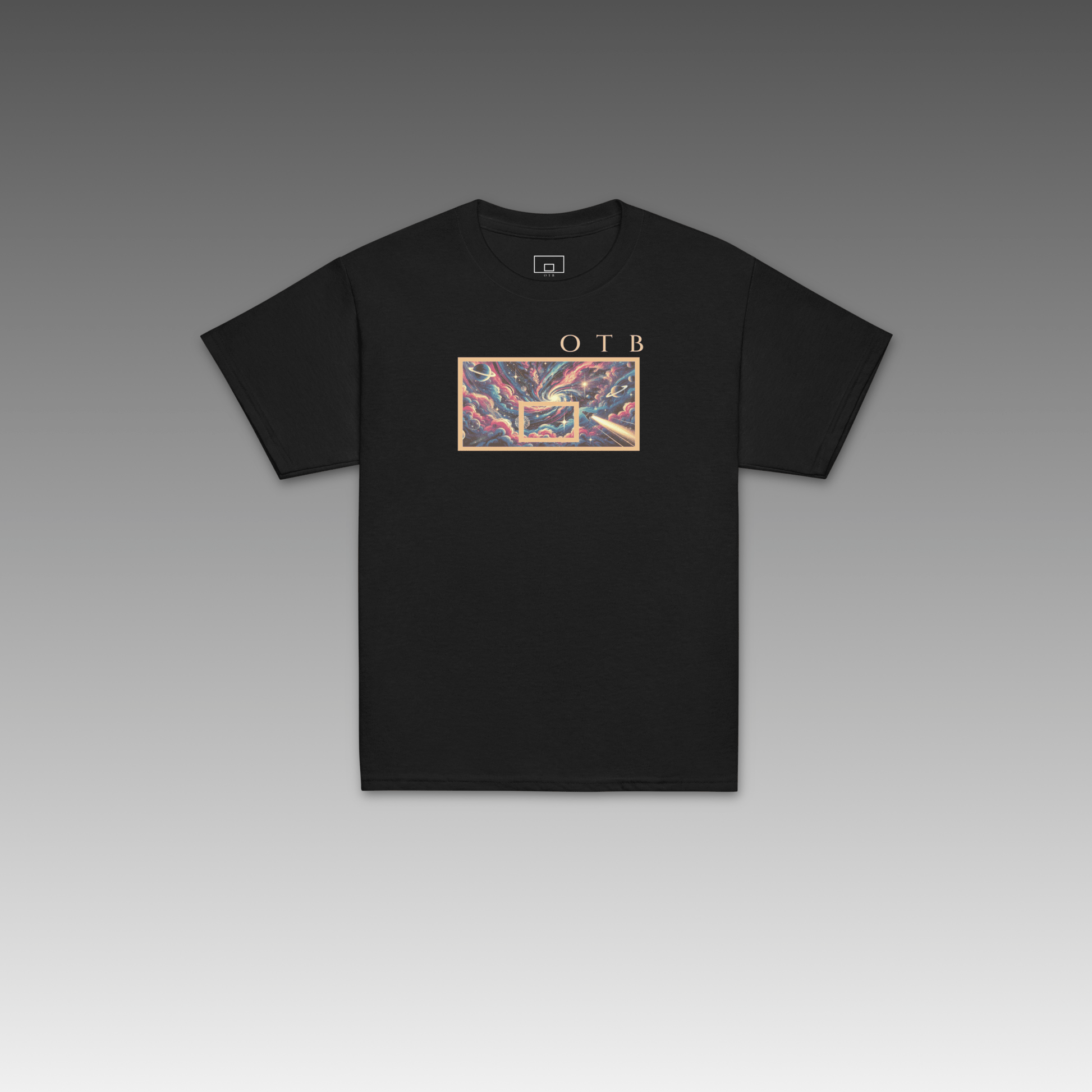 OTB Youth Tee in Deep Space design - front view showcasing white youth t-shirt with cosmic deep space graphics and galaxy-inspired artwork, made with soft, comfortable fabric perfect for kids who love space and basketball