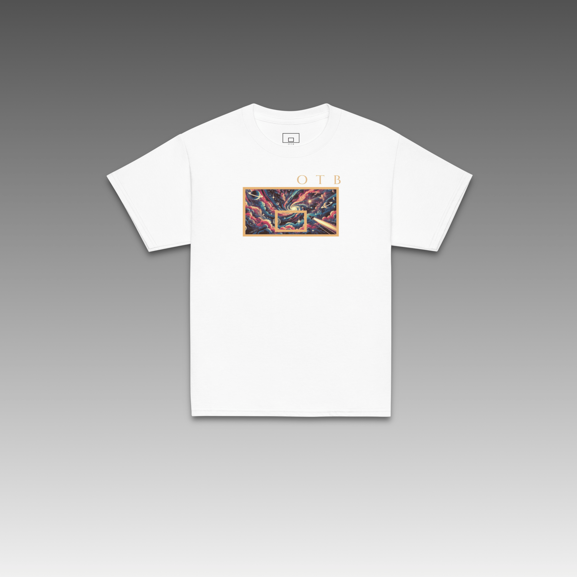 OTB Youth Tee in Deep Space design - front view showcasing white youth t-shirt with cosmic deep space graphics and galaxy-inspired artwork, made with soft, comfortable fabric perfect for kids who love space and basketball
