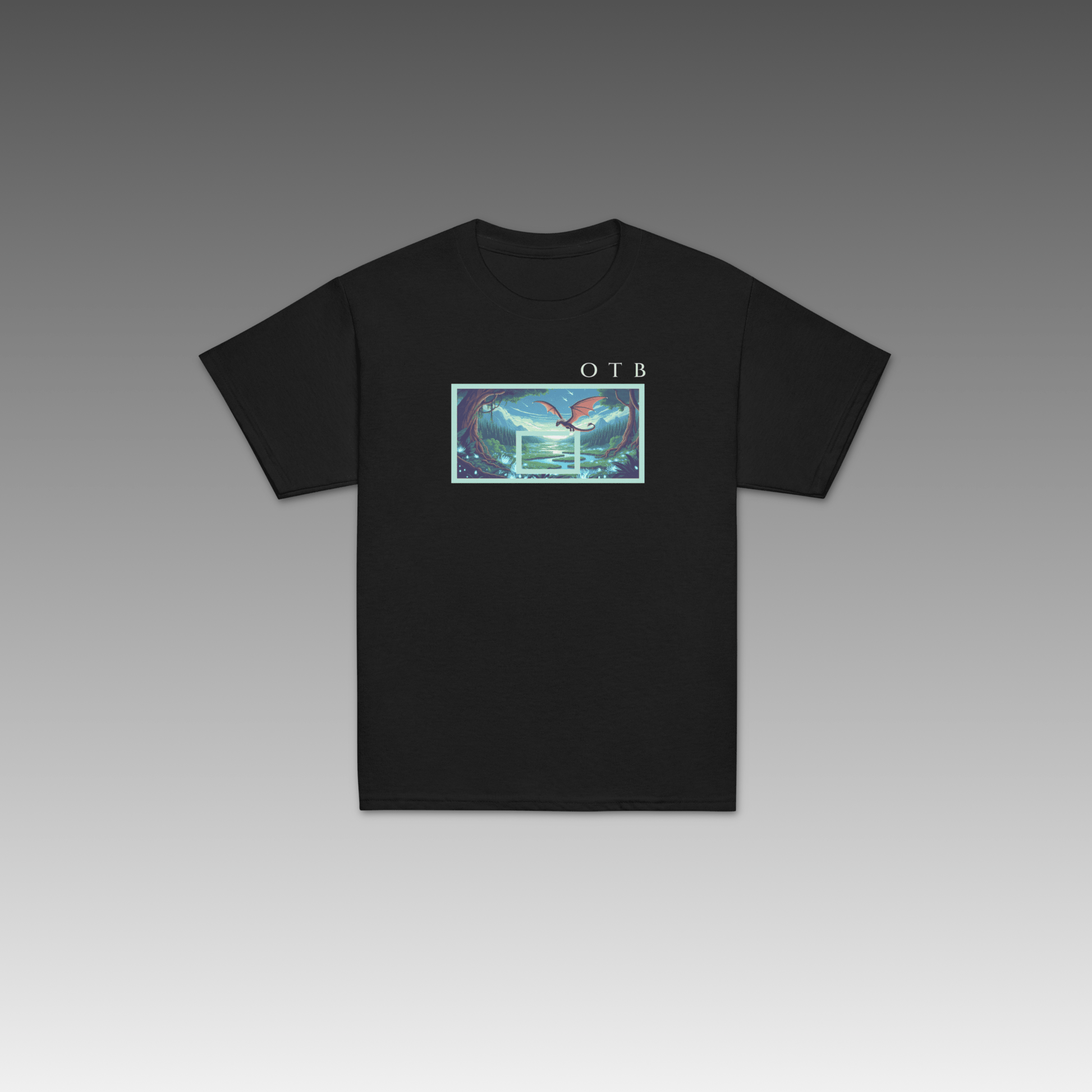 OTB Youth Tee in Enchanted Forest design - front view showcasing a black youth t-shirt with magical enchanted forest graphics and mystical woodland artwork, made with soft, comfortable fabric perfect for kids who love fantasy and basketball