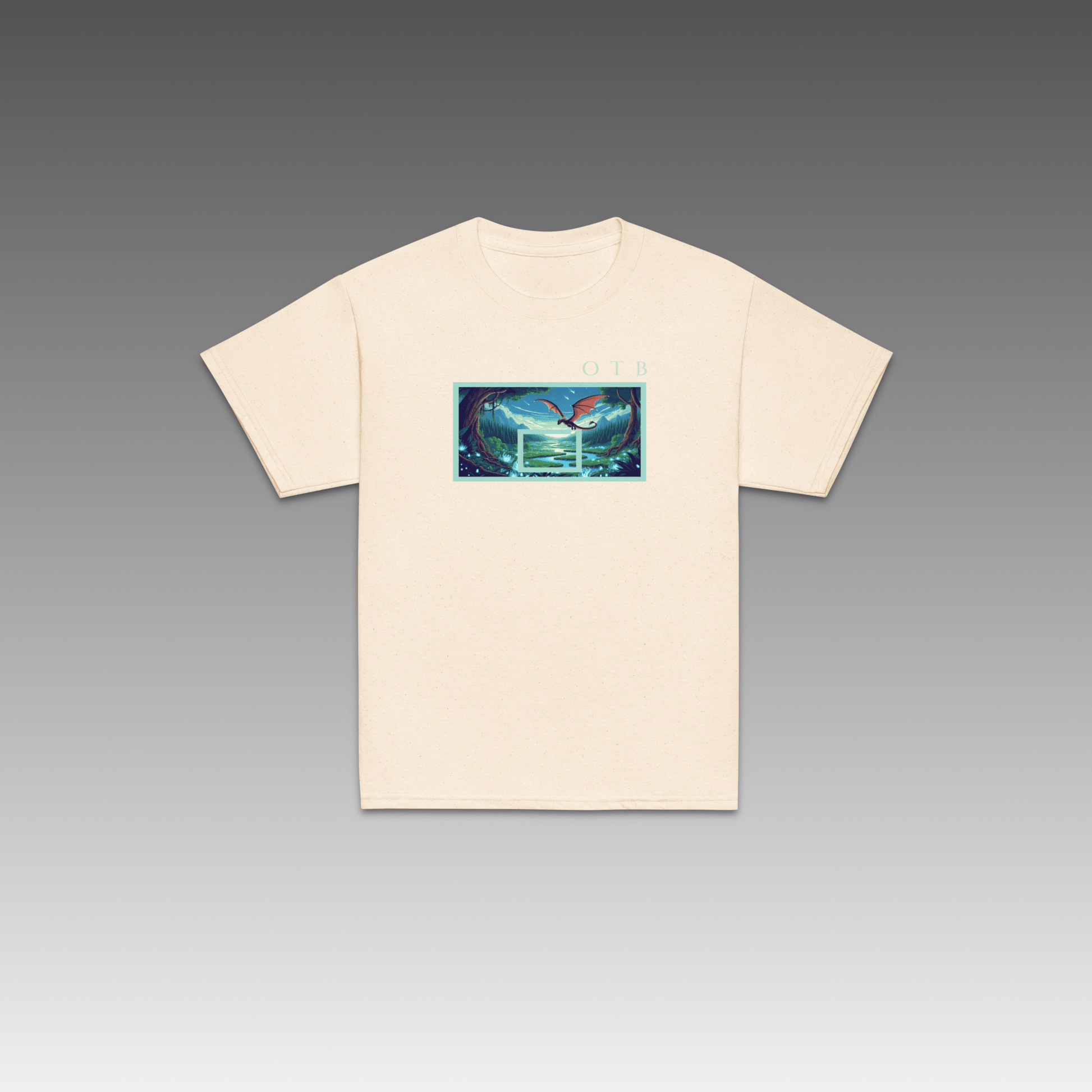 OTB Youth Tee in Enchanted Forest design - front view showcasing an off-white youth t-shirt with magical enchanted forest graphics and mystical woodland artwork, made with soft, comfortable fabric perfect for kids who love fantasy and basketball