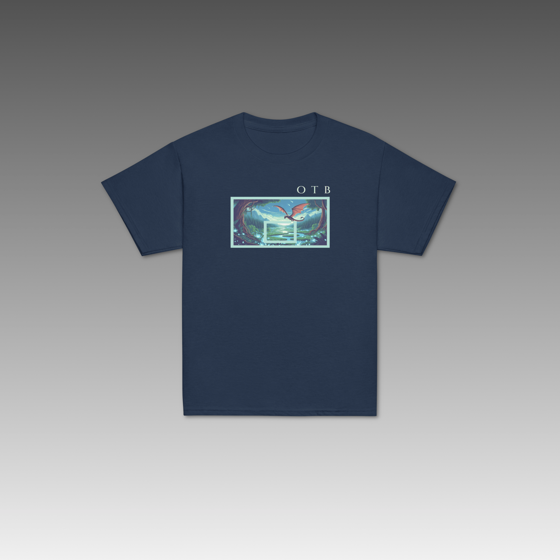 OTB Youth Tee in Enchanted Forest design - front view showcasing navy youth t-shirt with magical enchanted forest graphics and mystical woodland artwork, made with soft, comfortable fabric perfect for kids who love fantasy and basketball