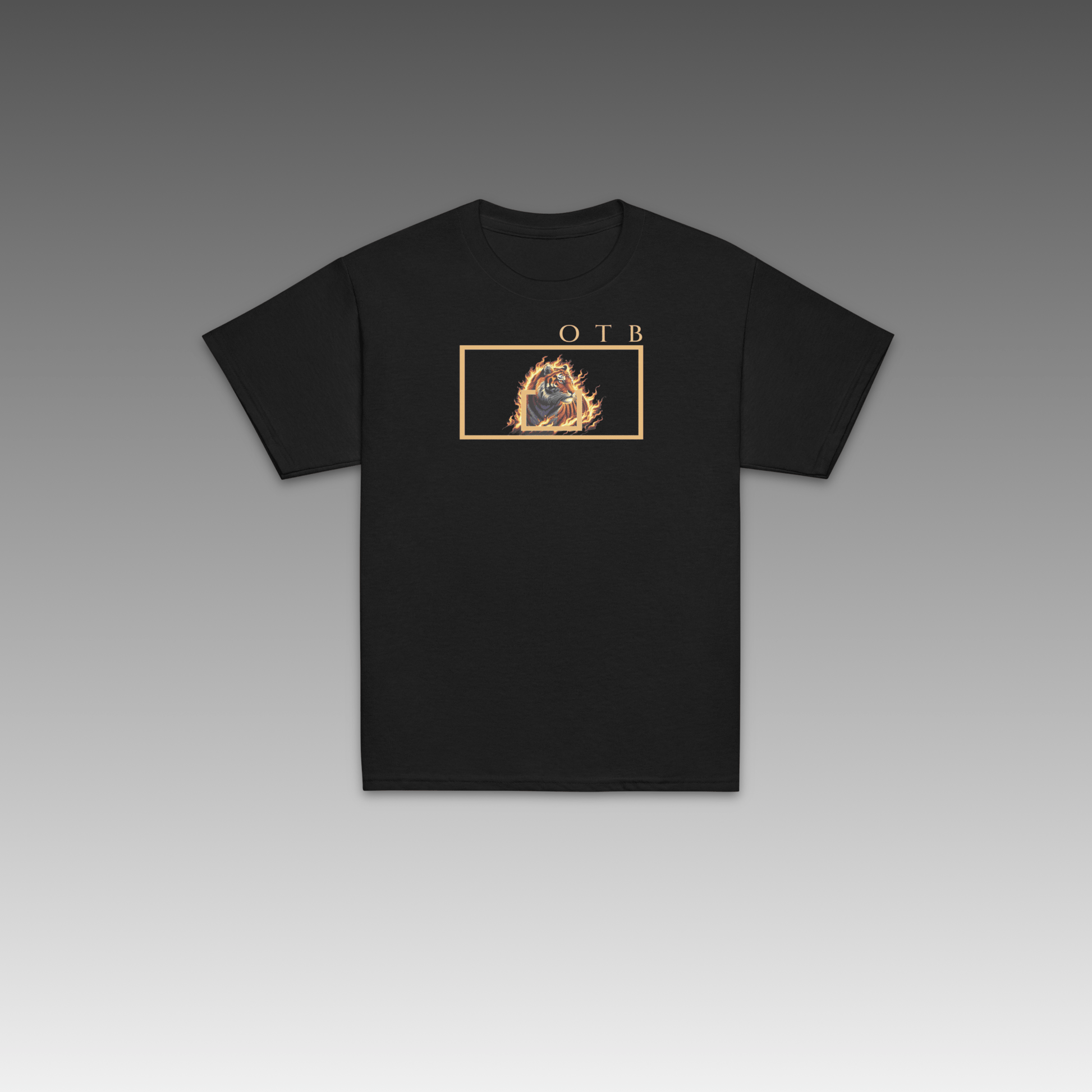 OTB Youth Tee in Fire Tiger design - front view showcasing youth t-shirt with dynamic fire tiger graphics and fierce wild animal artwork, made with soft, comfortable fabric perfect for kids who love powerful animals and basketball