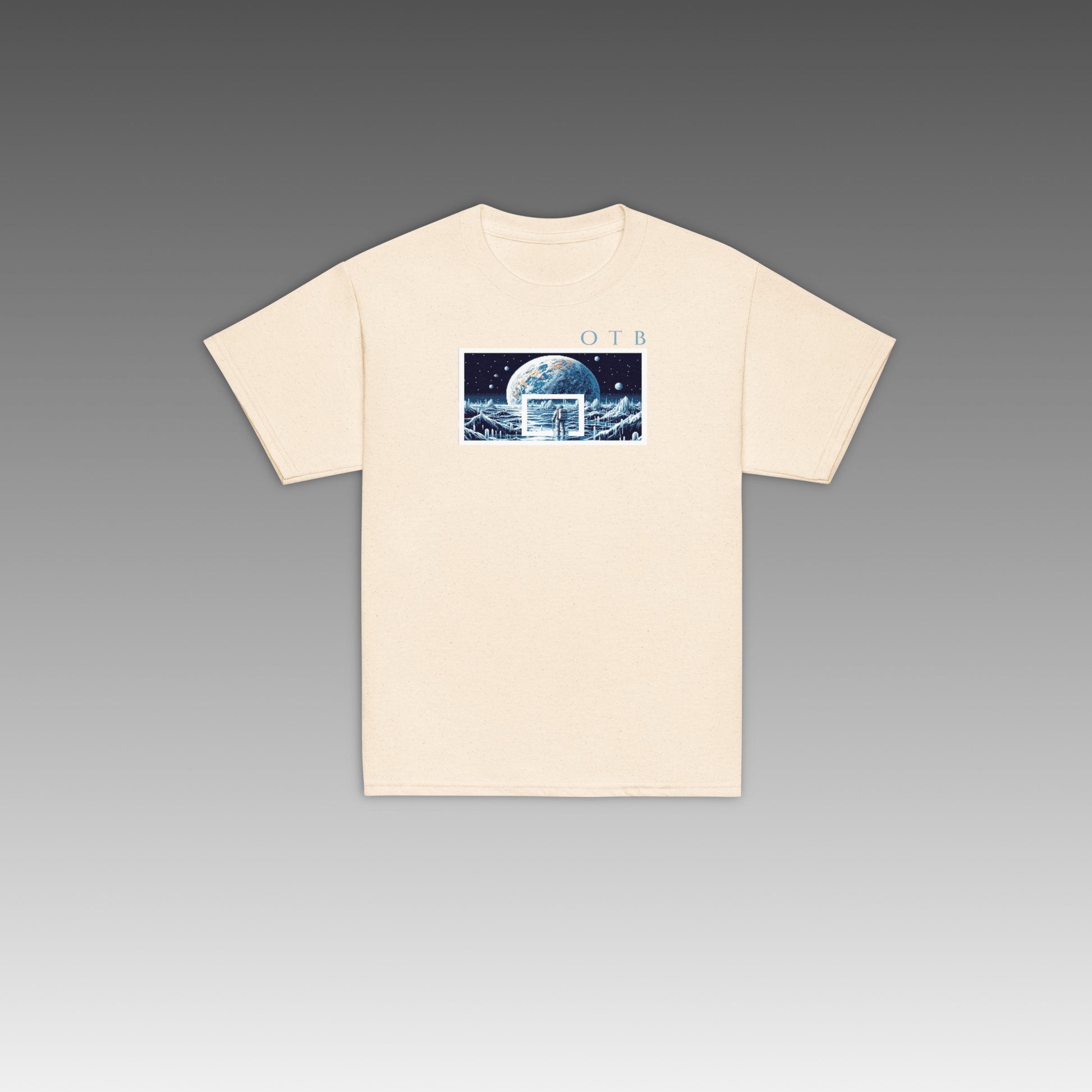 Beige t-shirt with graphic design on a gradient gray background