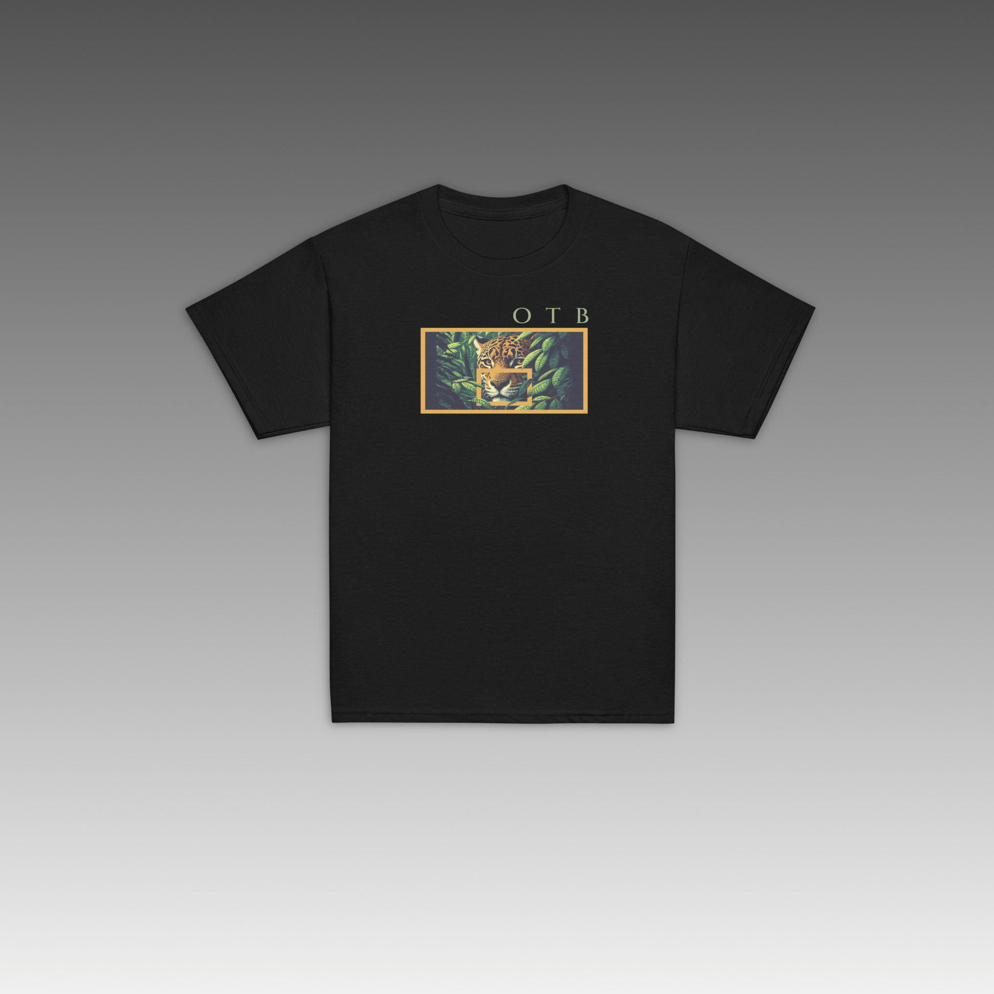 OTB Youth Tee in Jungle Jaguar design - front view showcasing a black youth t-shirt with vibrant jungle jaguar graphics and wild animal artwork, made with soft, comfortable fabric perfect for kids who love wildlife and basketball