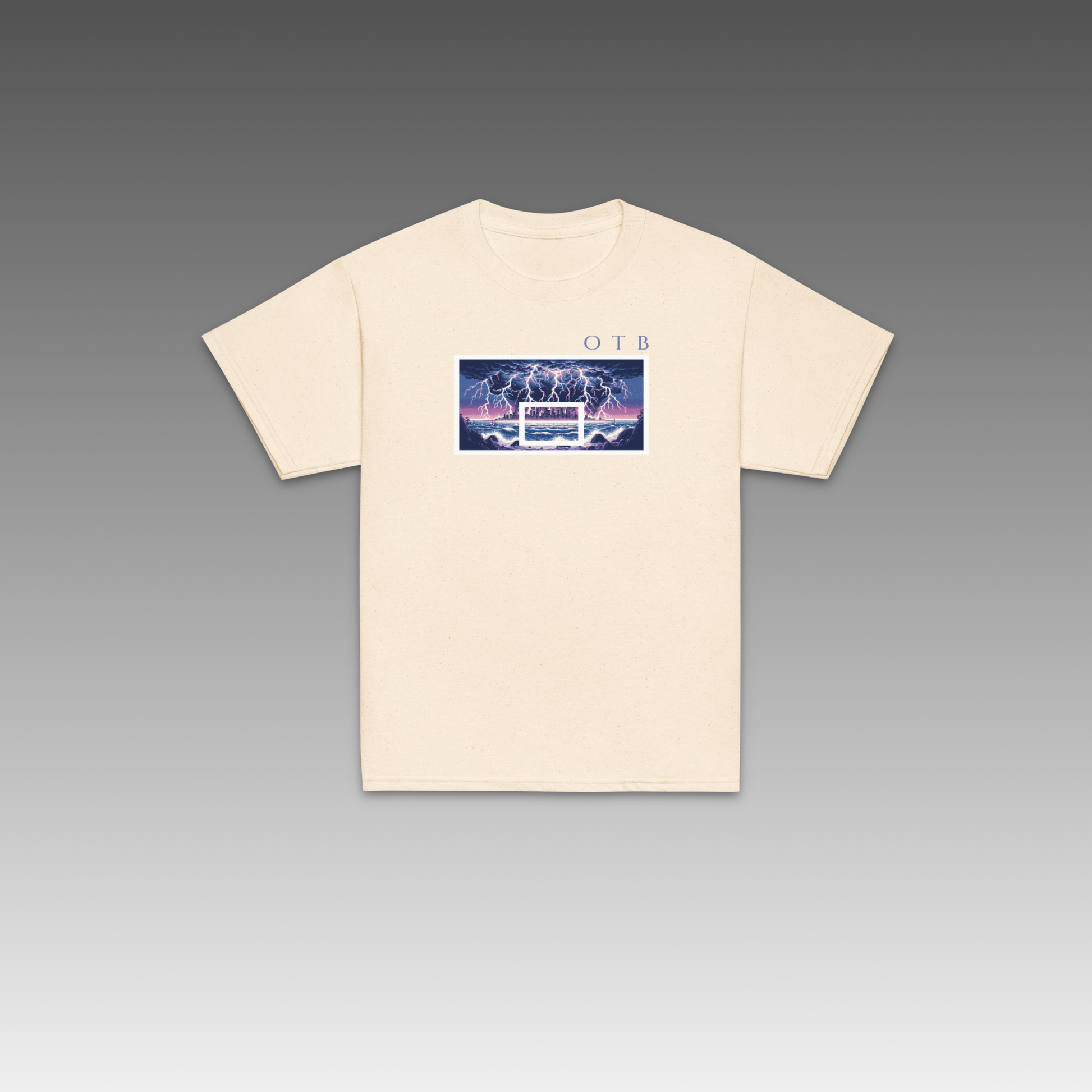 OTB Youth Tee in Lightning Storm design - front view showcasing an off-white youth t-shirt with dynamic lightning storm graphics and electric weather artwork, made with soft, comfortable fabric perfect for kids who love powerful weather and basketball