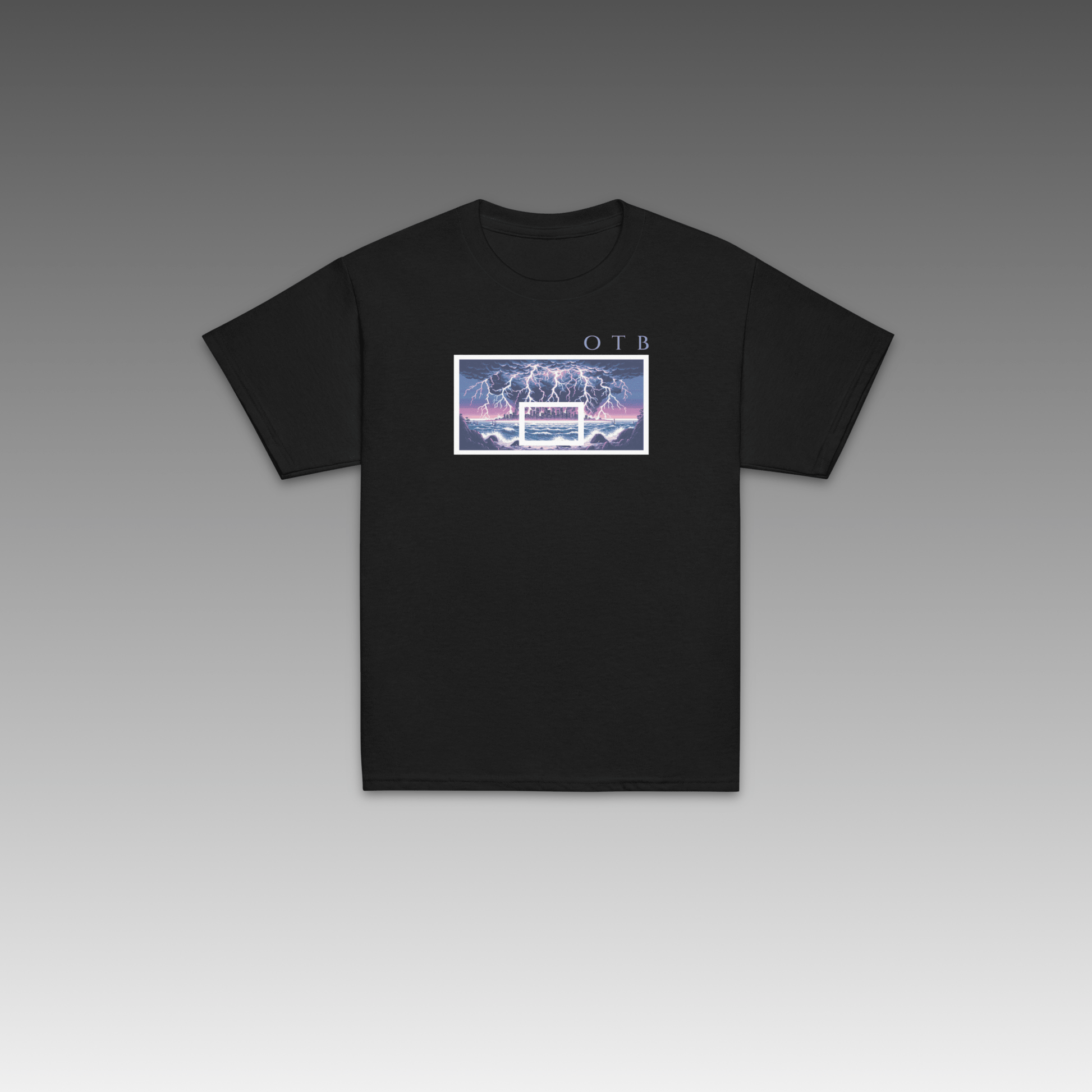 OTB Youth Tee in Lightning Storm design - front view showcasing a black youth t-shirt with dynamic lightning storm graphics and electric weather artwork, made with soft, comfortable fabric perfect for kids who love powerful weather and basketball
